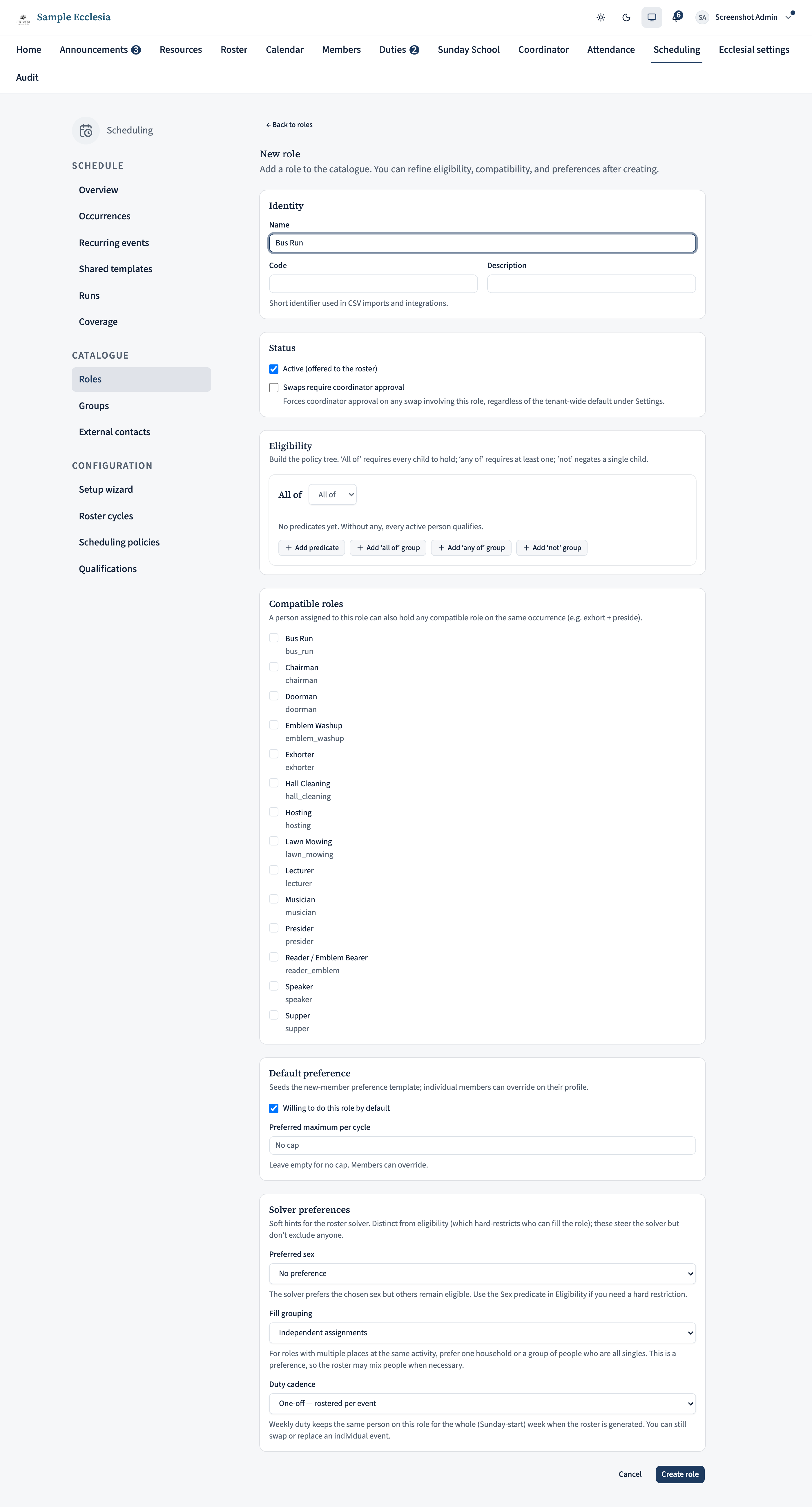 The New role form. Identity section has Name filled in as 'Bus Run', with empty Code and Description. Status has 'Active (offered to the roster)' ticked. Below sits an Eligibility predicate builder with an 'All of' node and 'No predicates yet' placeholder, a Compatible roles checkbox list of existing roles, and Default preference / Solver preferences cards.