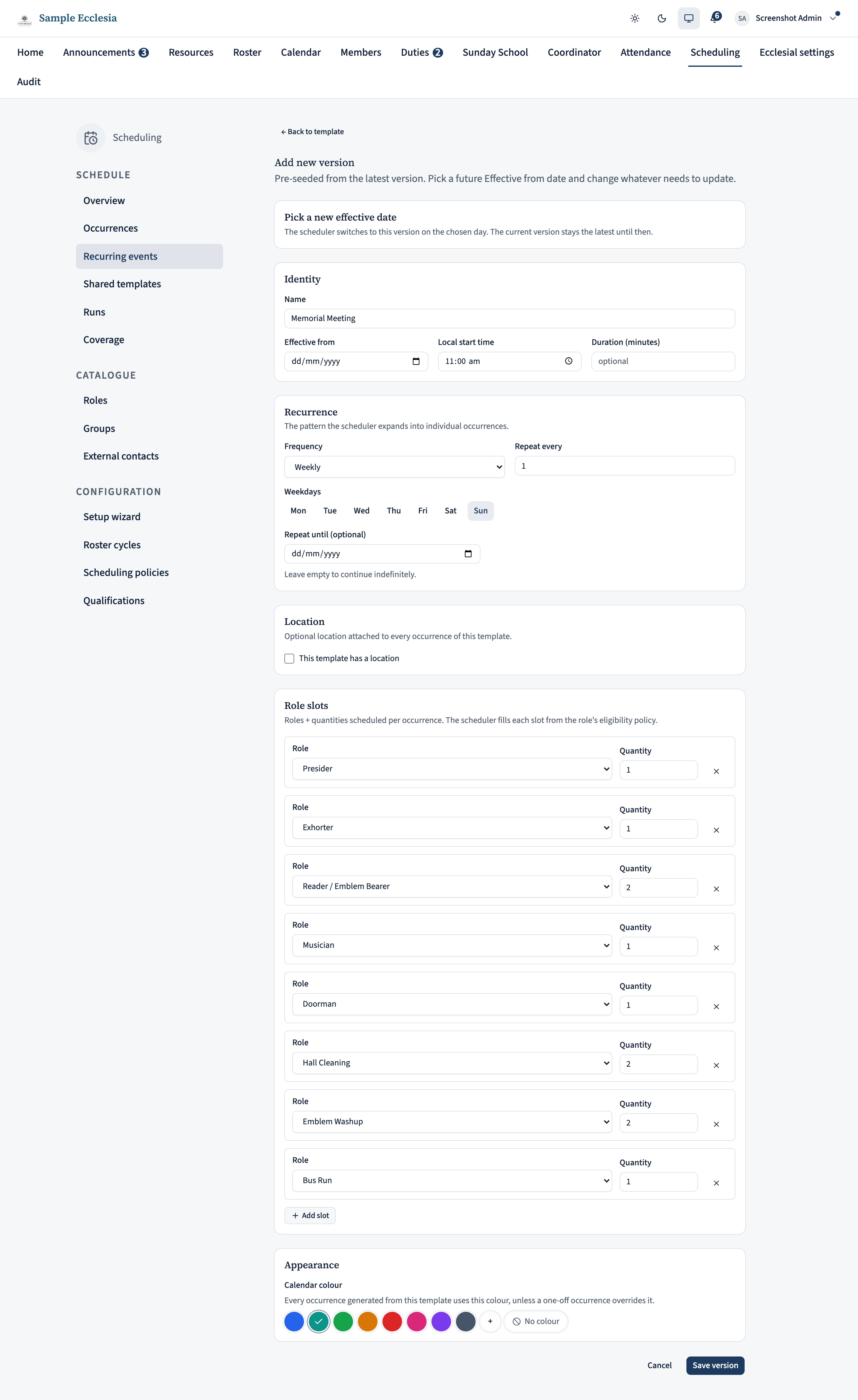 The Add new version form for Memorial Meeting, pre-seeded from the latest version. Sections shown: Pick a new effective date, Identity (Name, Effective from, Local start time, Duration), Recurrence, Location, and Role slots. The Role slots list has rows for Presider ×1, Exhorter ×1, Reader / Emblem Bearer ×2, Musician ×1, Doorman ×1, Hall Cleaning ×2, Emblem Washup ×2, followed by an Add slot button.