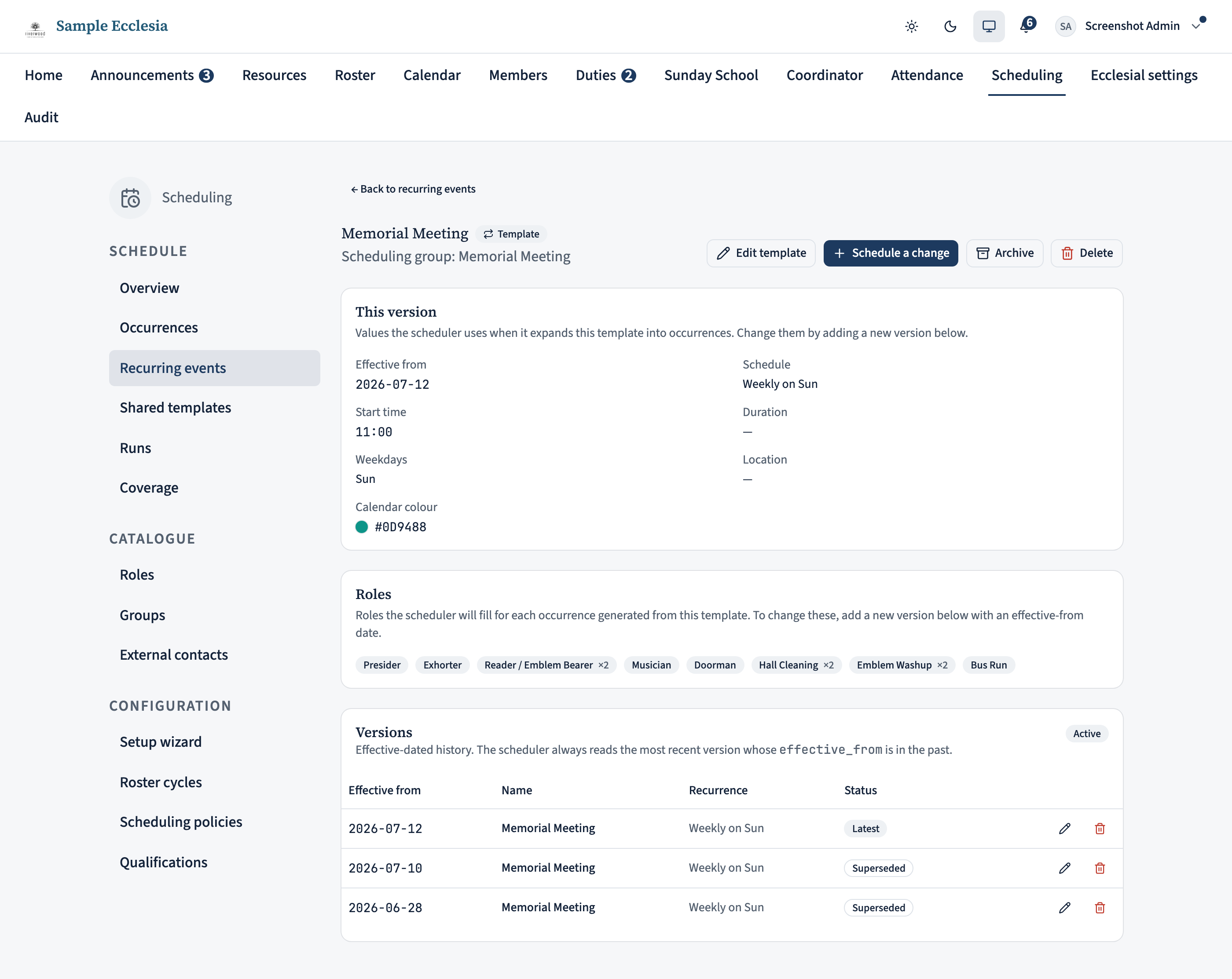 The Memorial Meeting detail page as it looked before this change: Roles card lists Presider, Exhorter, Reader / Emblem Bearer ×2, Musician, Doorman, Hall Cleaning ×2, Emblem Washup ×2, and Versions has a single row with a Latest badge. After you save, a Bus Run chip appears in the Roles card and a second Versions row shows up carrying the new effective_from date.
