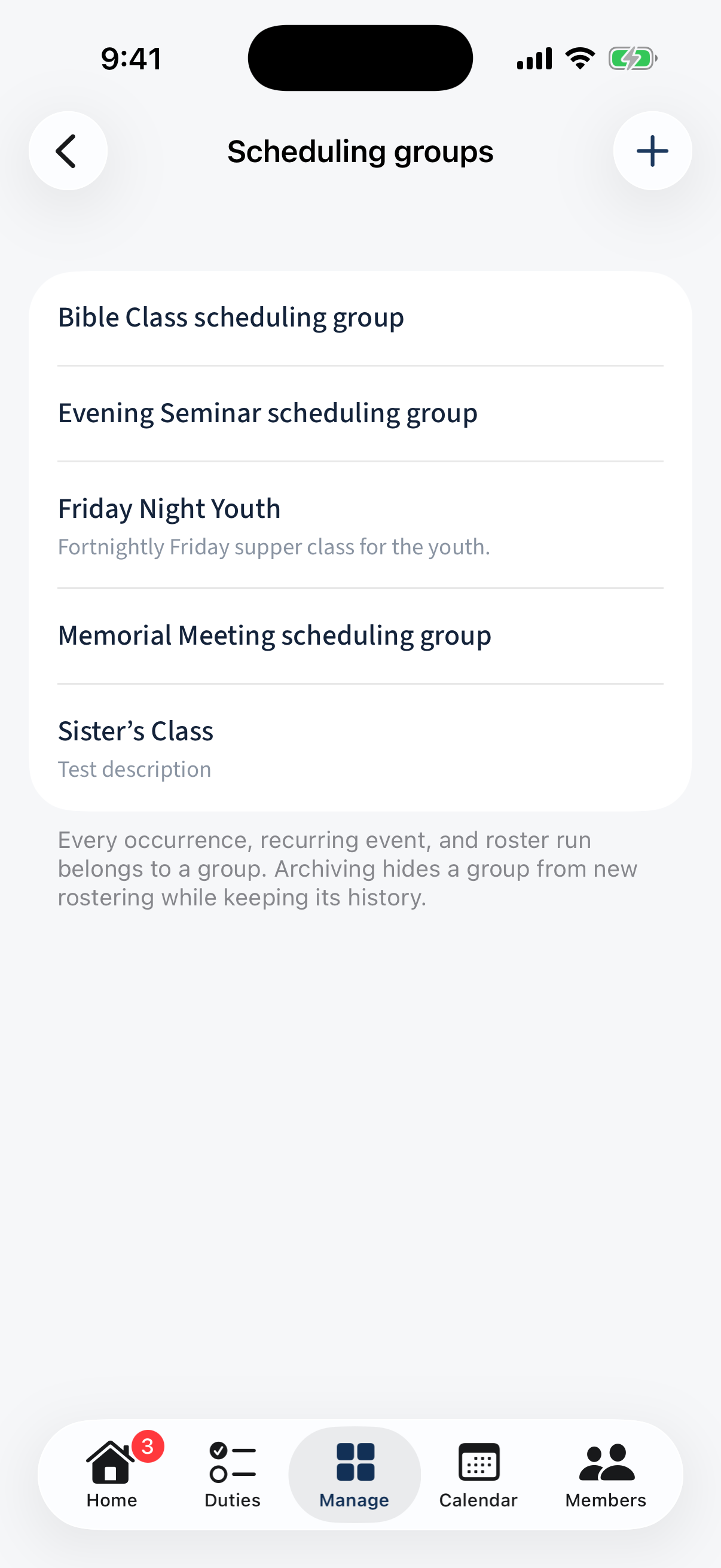 Manage → Scheduling groups: the groups list (Bible Class, Memorial Meeting, …).