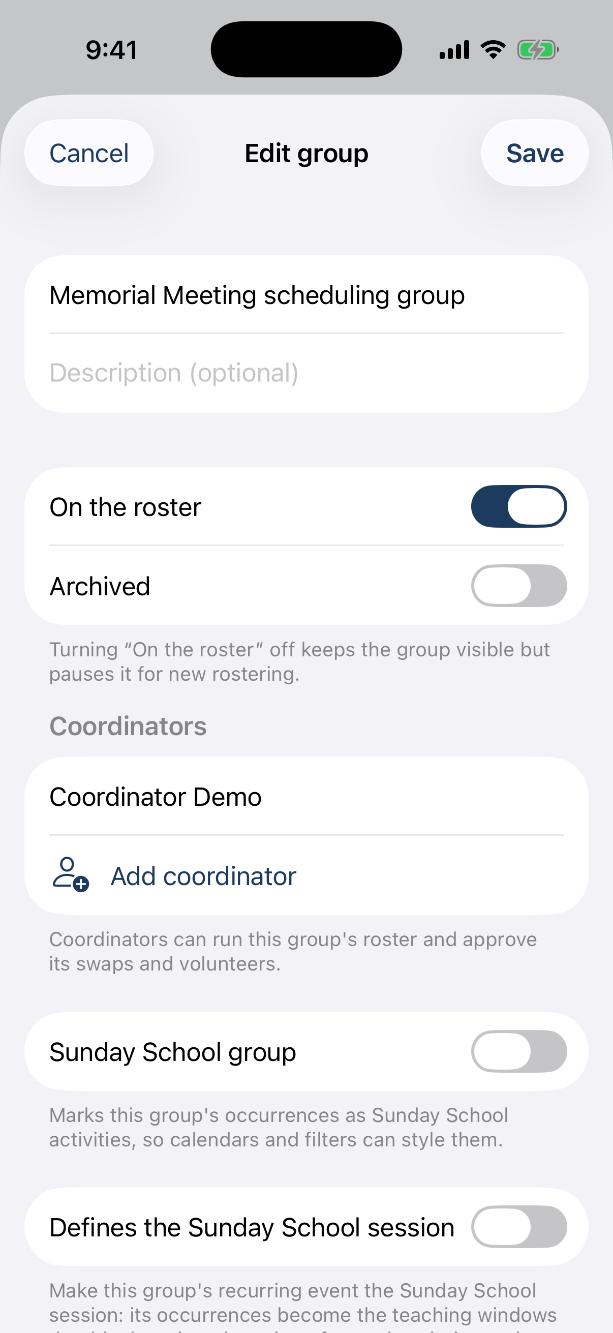 The group editor: name, On the roster / Archived, Coordinators, Sunday-School flags — no roles.