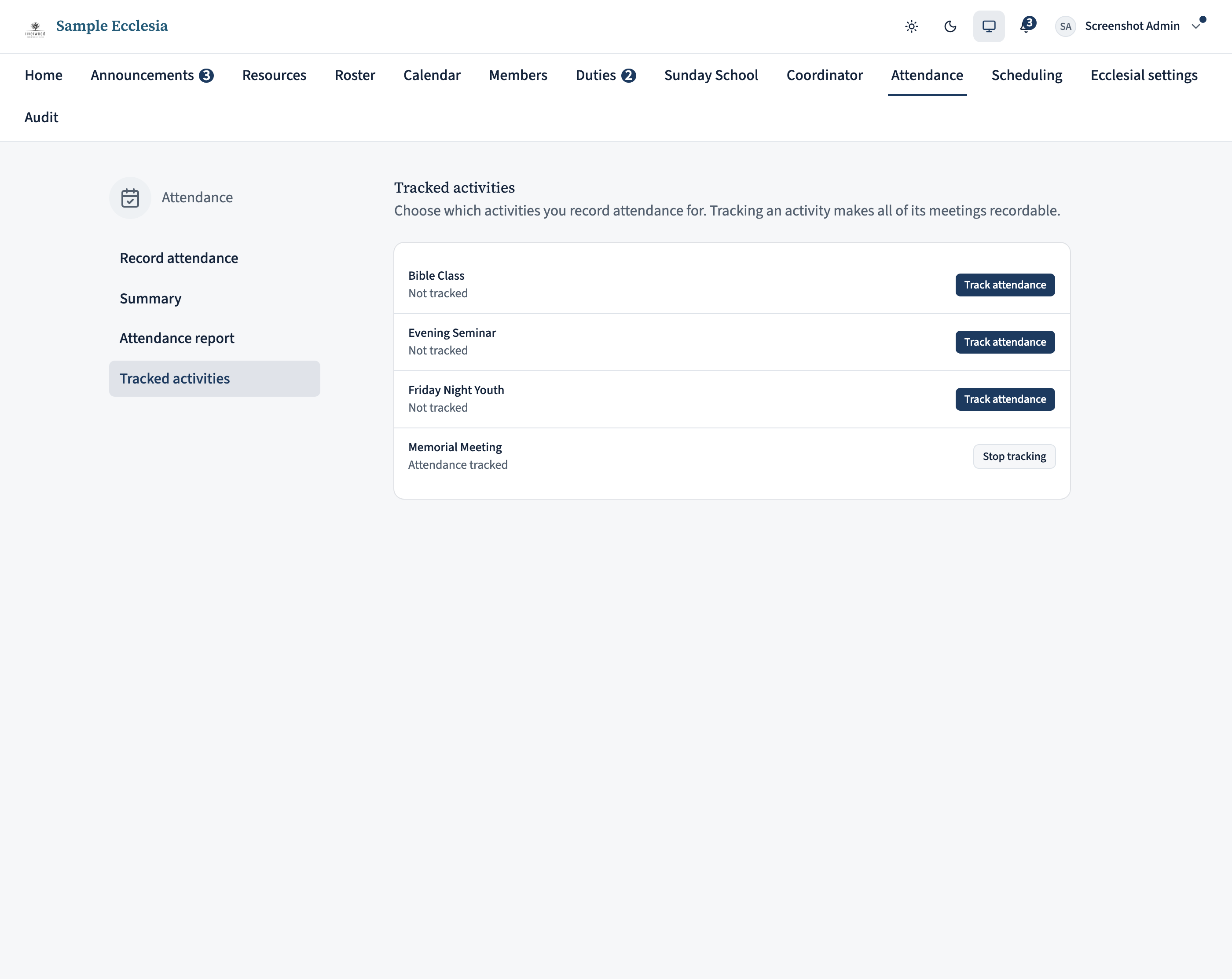 The Tracked activities page listing the ecclesia's activities, each with a toggle to track attendance for it.