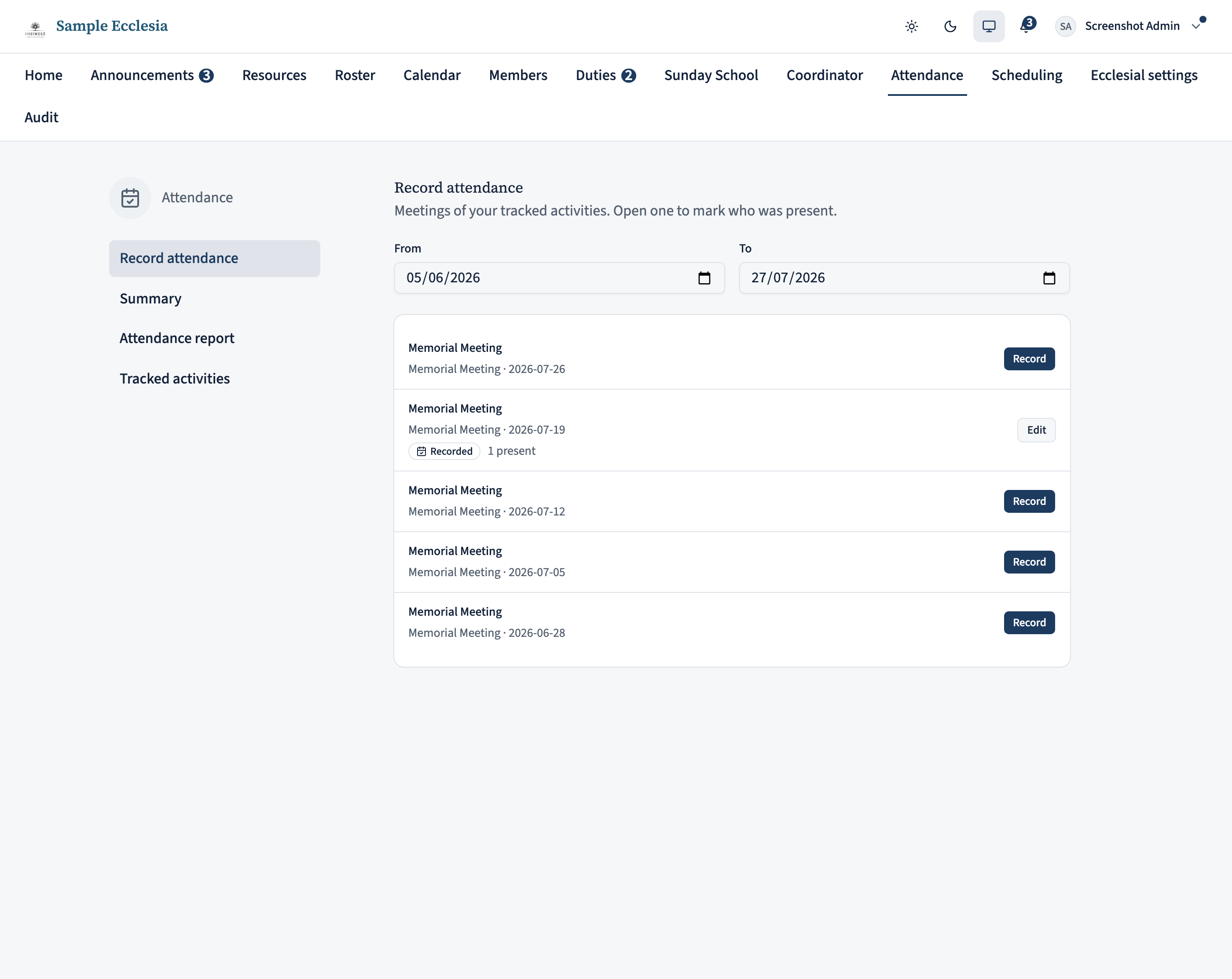 The Record attendance page with From and To date fields and a list of meetings, each with a Record button.