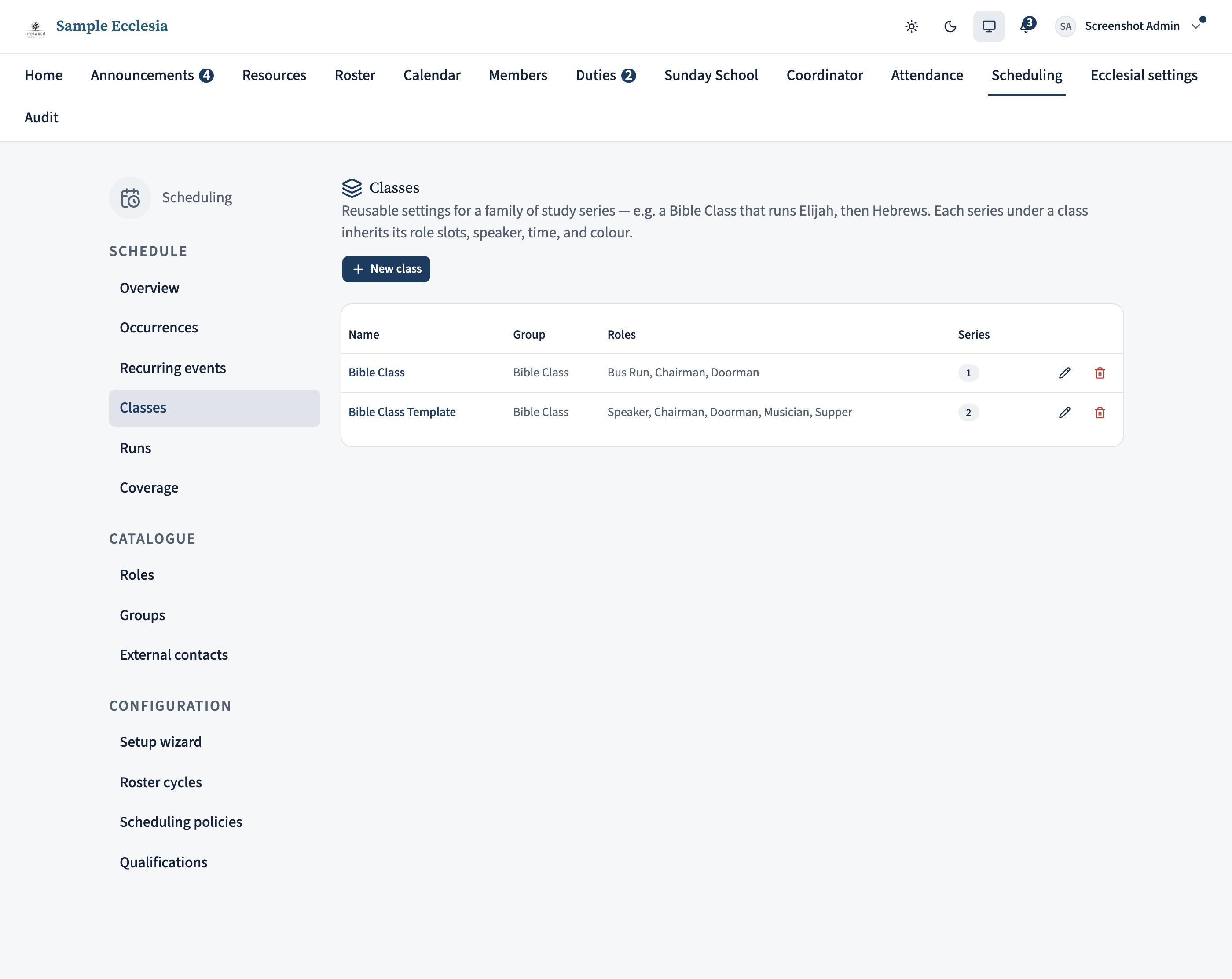The Shared settings templates page under Manage. A New template button sits top-right; the table lists each template with its group, roles, and a count of series running under it.