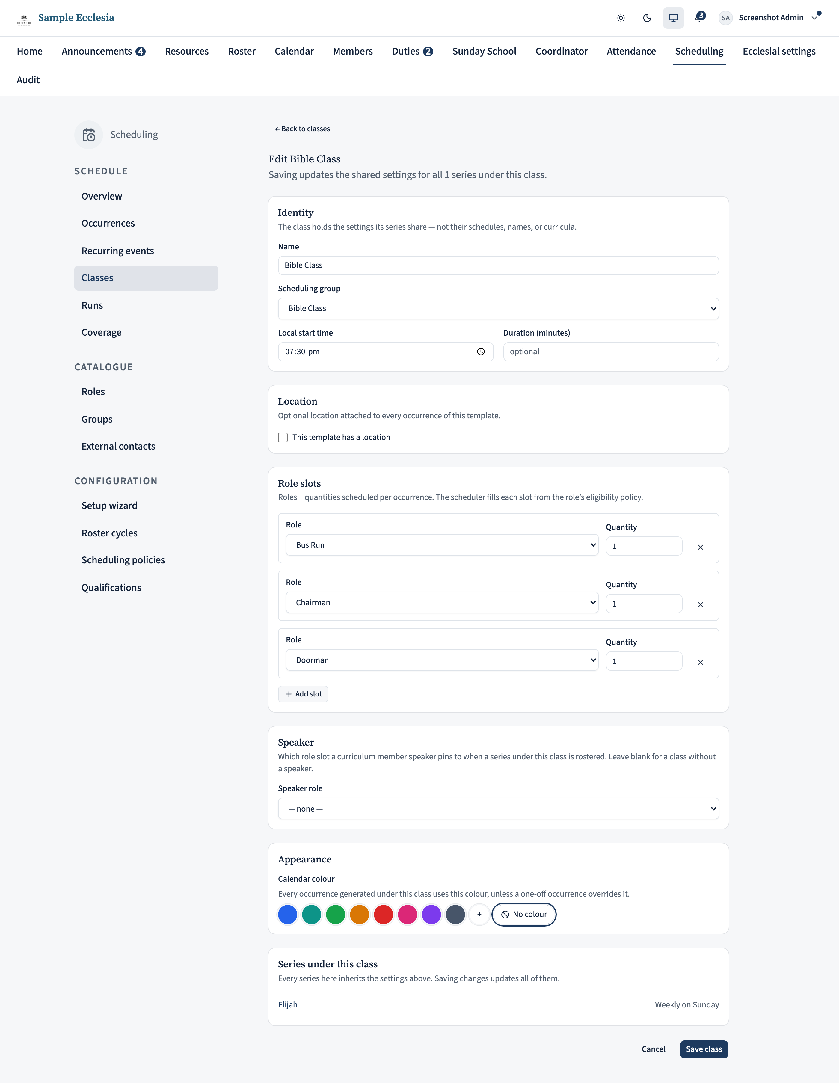 The New template form. Name is 'Bible Class', Scheduling group is 'Bible Class', start time 19:30. The Role slots card lists Speaker, Chairman, Doorman, Musician; the Speaker card pins the curriculum speaker to the Speaker slot.