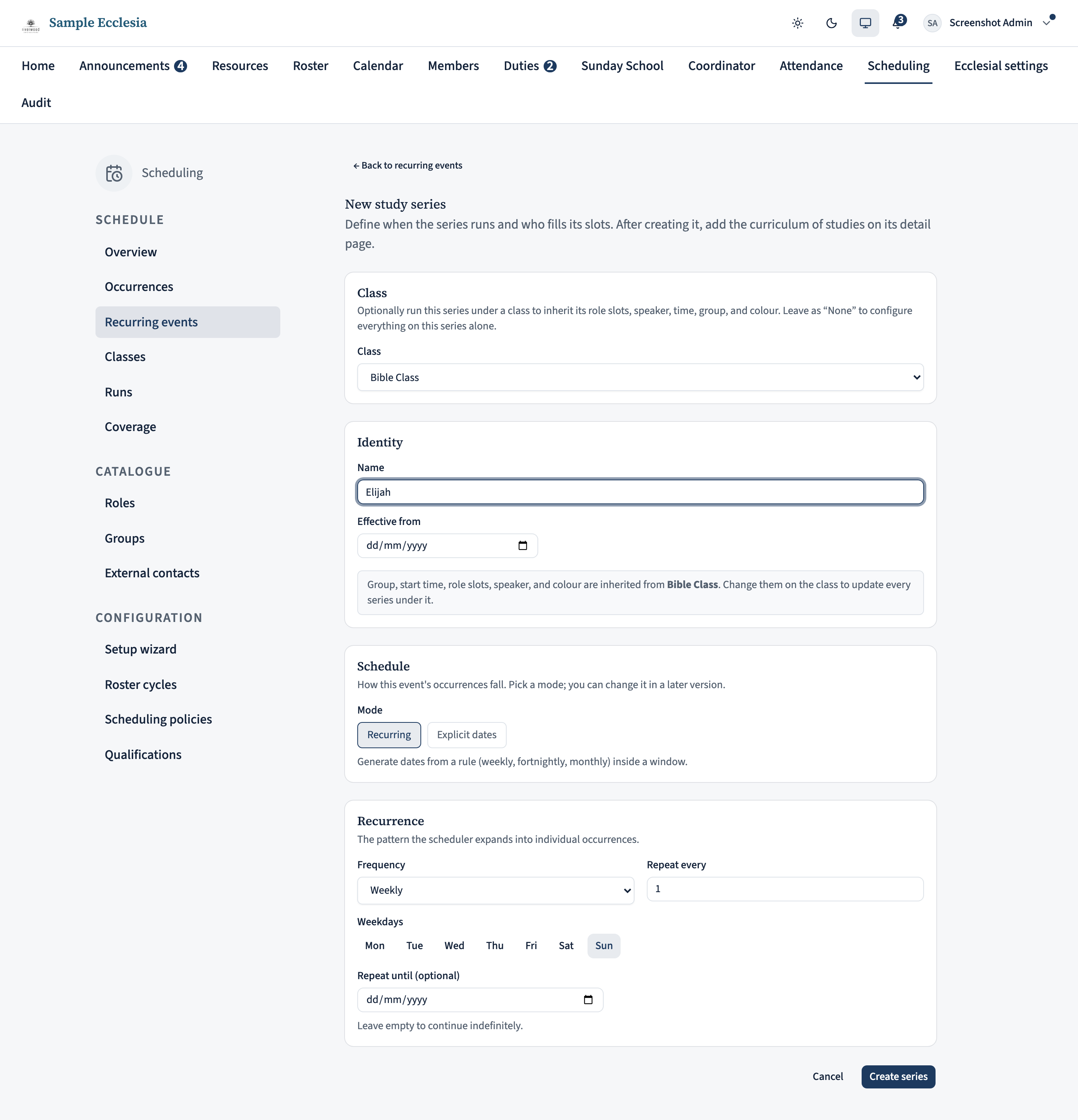 The New study series form. A Class picker at the top is set to 'Bible Class'; below it a note reads 'Group, start time, role slots, speaker, and colour are inherited from Bible Class', so the form asks only for name and schedule.