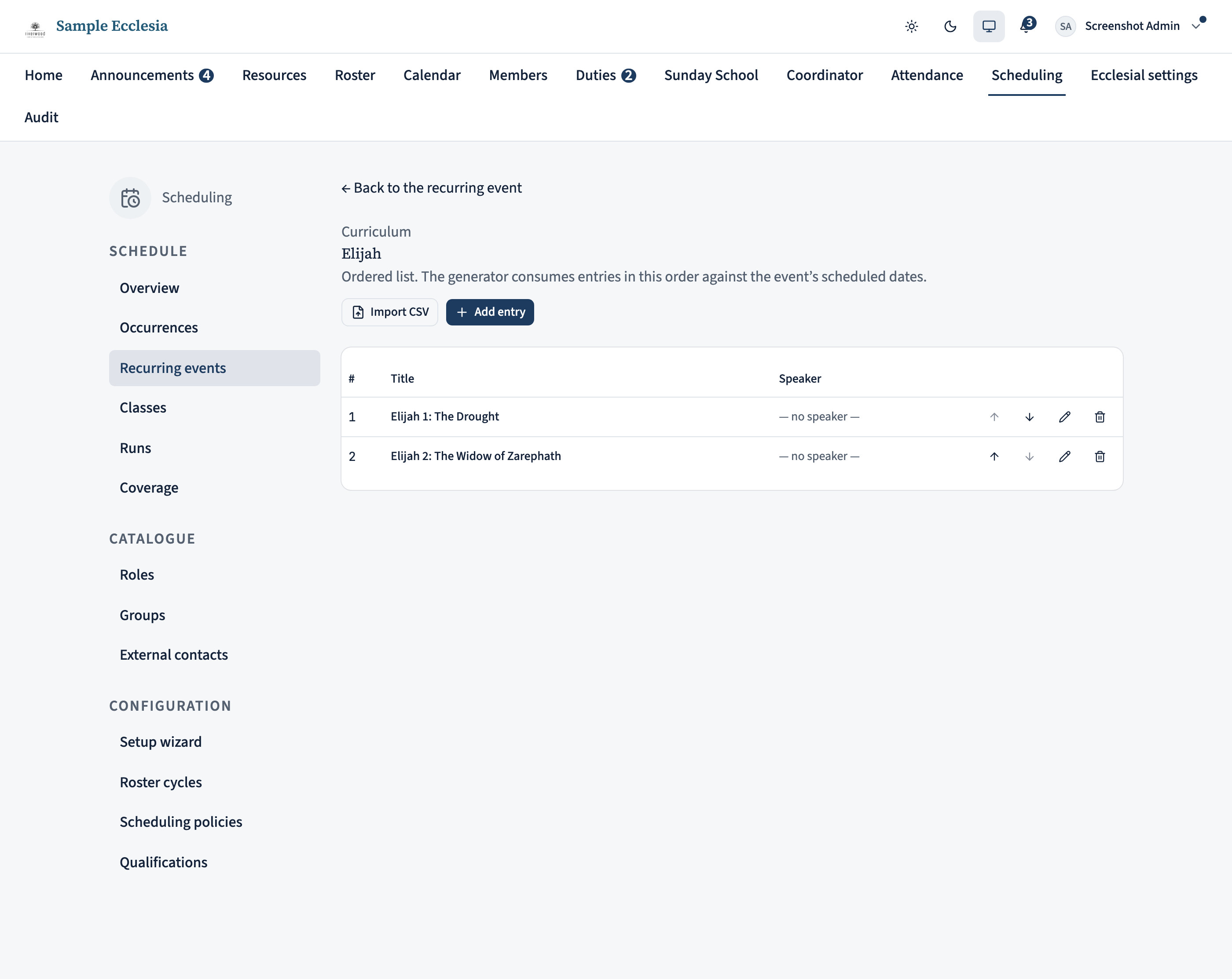 The curriculum editor for the Elijah series. Entries are listed in order, each with a title (e.g. 'Elijah 1: The Drought') and a speaker (a member or external contact), with up/down arrows to reorder.