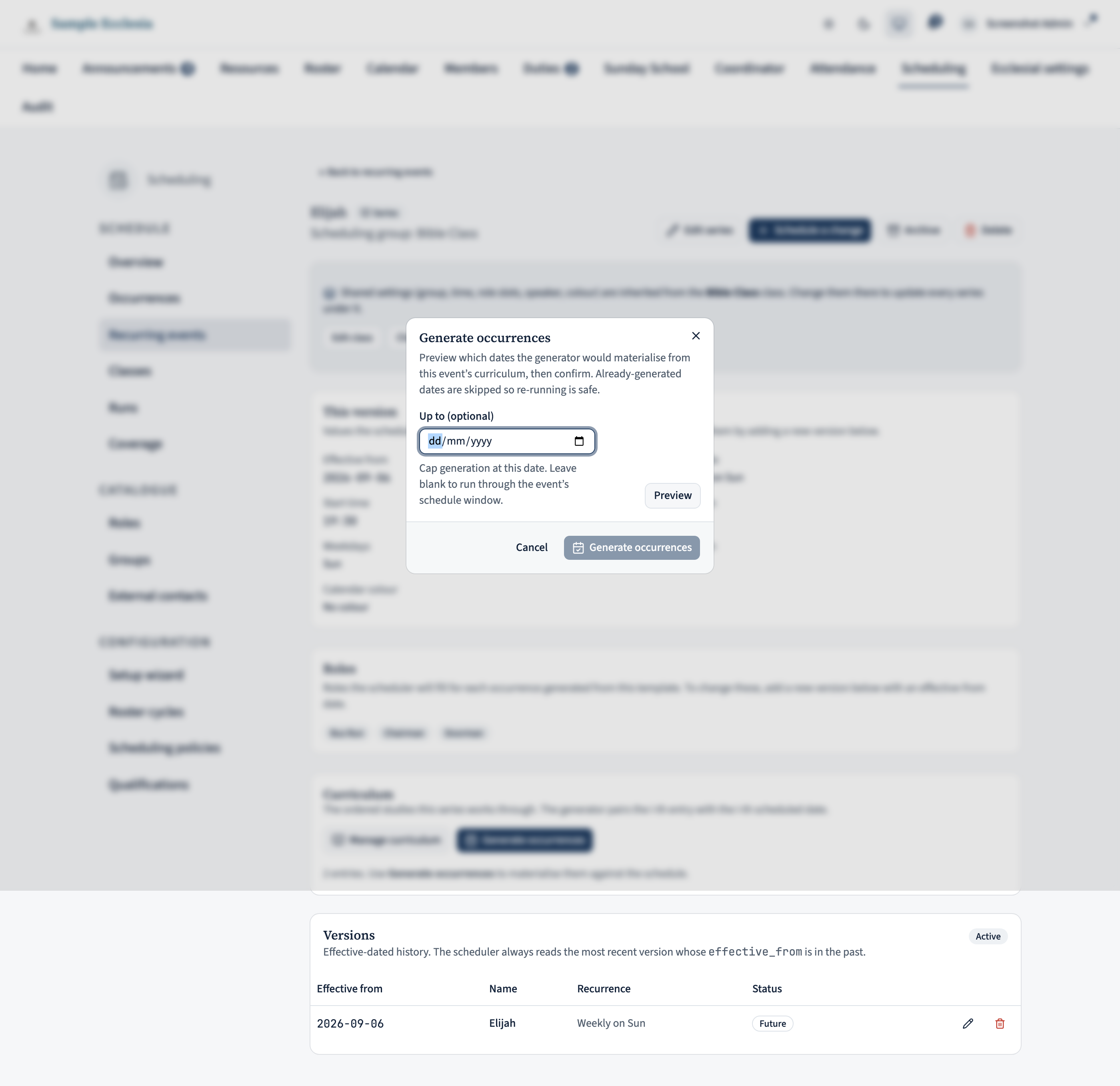 The Generate occurrences dialog on the series detail page. It previews the dates it will materialise, pairing each with the next curriculum entry, with a Preview then Generate flow and an optional 'Up to' cap.