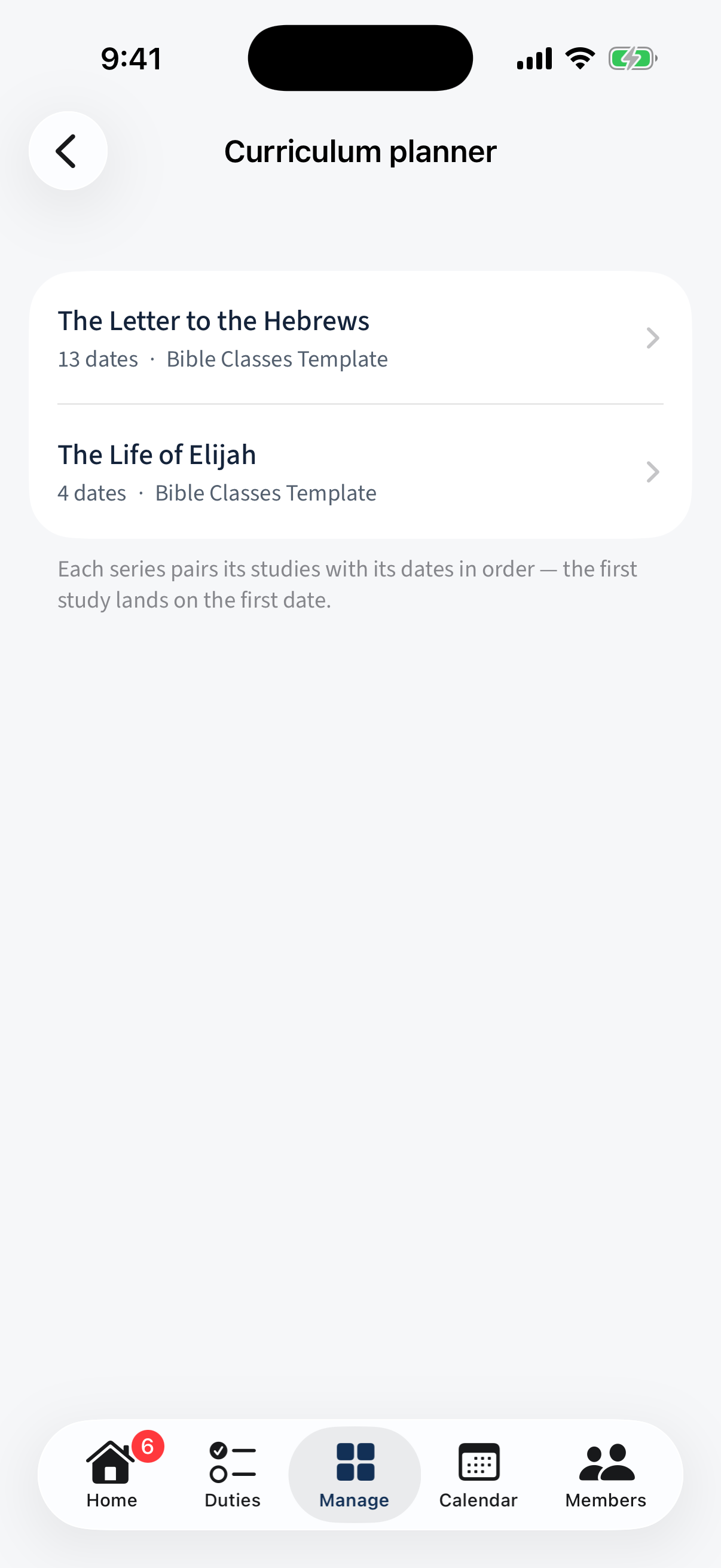 Manage → Curriculum planner: each series with its date count and scheduling group.