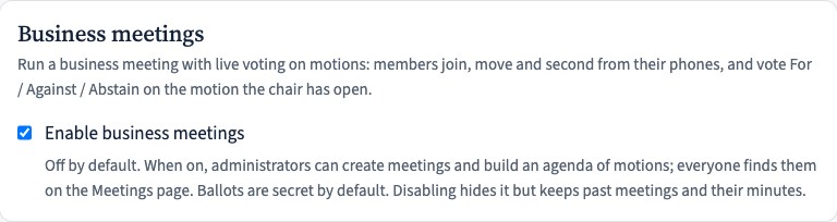 The Business meetings card on the tenant settings page with its enable checkbox.