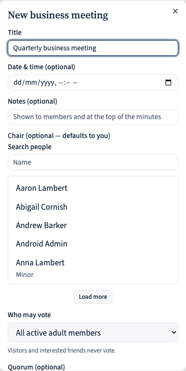 The New business meeting dialog: title, date and time, notes, chair person picker, who-may-vote, quorum, and an absentee-voting toggle.
