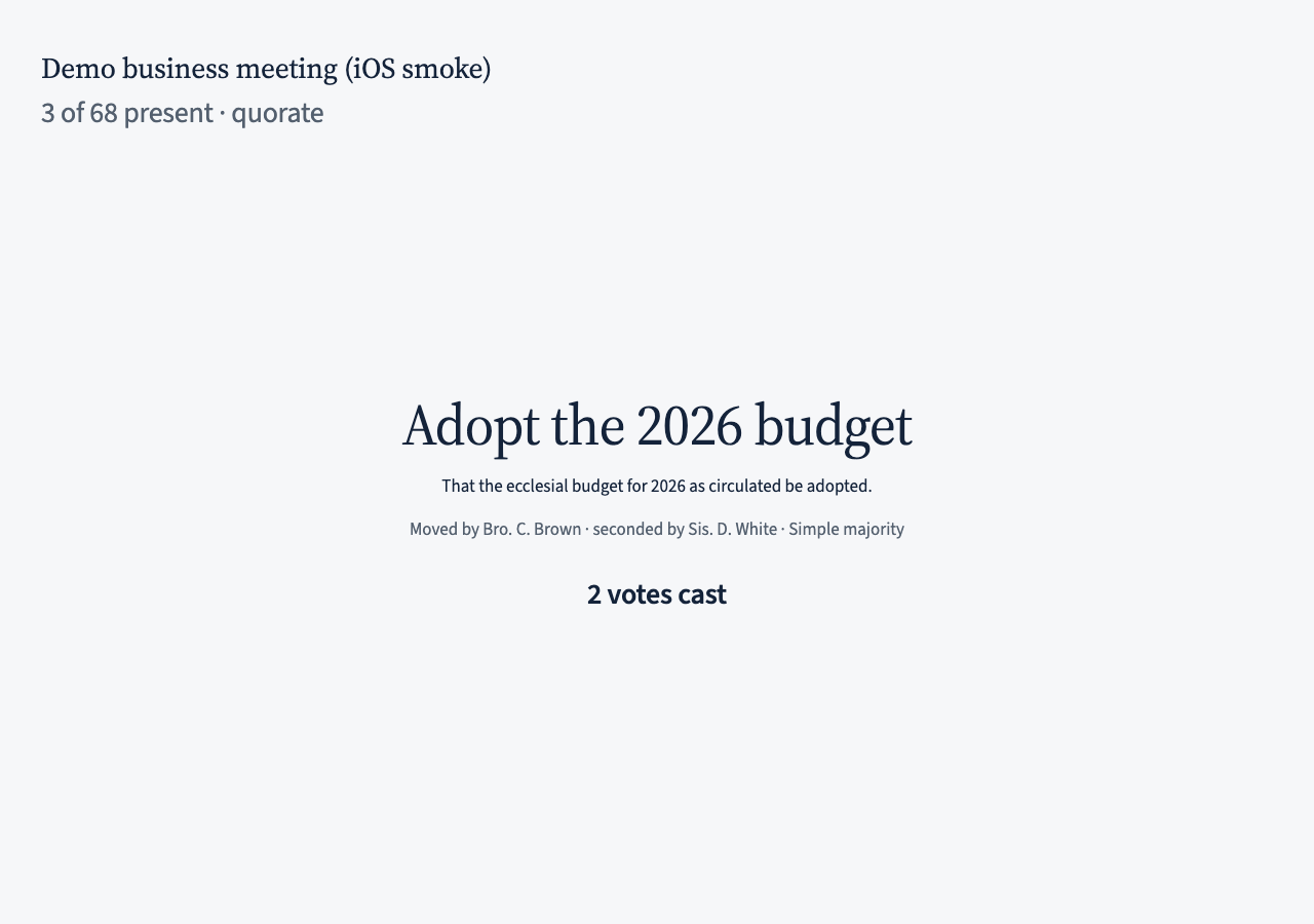 The projector view: the meeting title, present of eligible, the current motion with its wording and mover/seconder, and the votes-cast count.