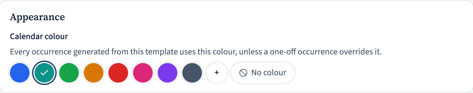 The activity template editor showing a palette of preset colours plus a custom colour picker.