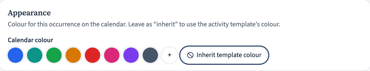 The occurrence editor's colour field showing the inherited template colour and the option to override or clear it.