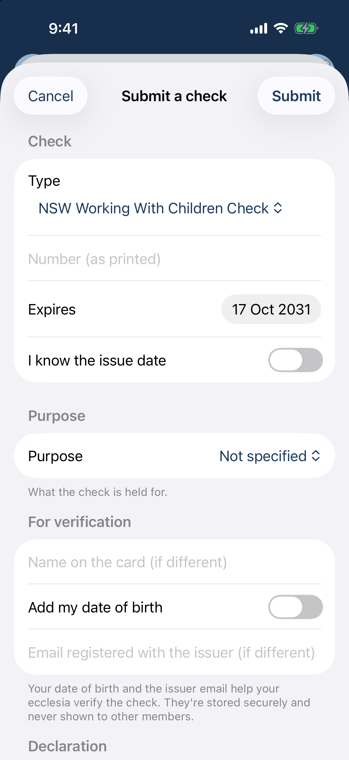 The submit-a-check sheet: type picker, card number, expiry, purpose, and a typed-name declaration.
