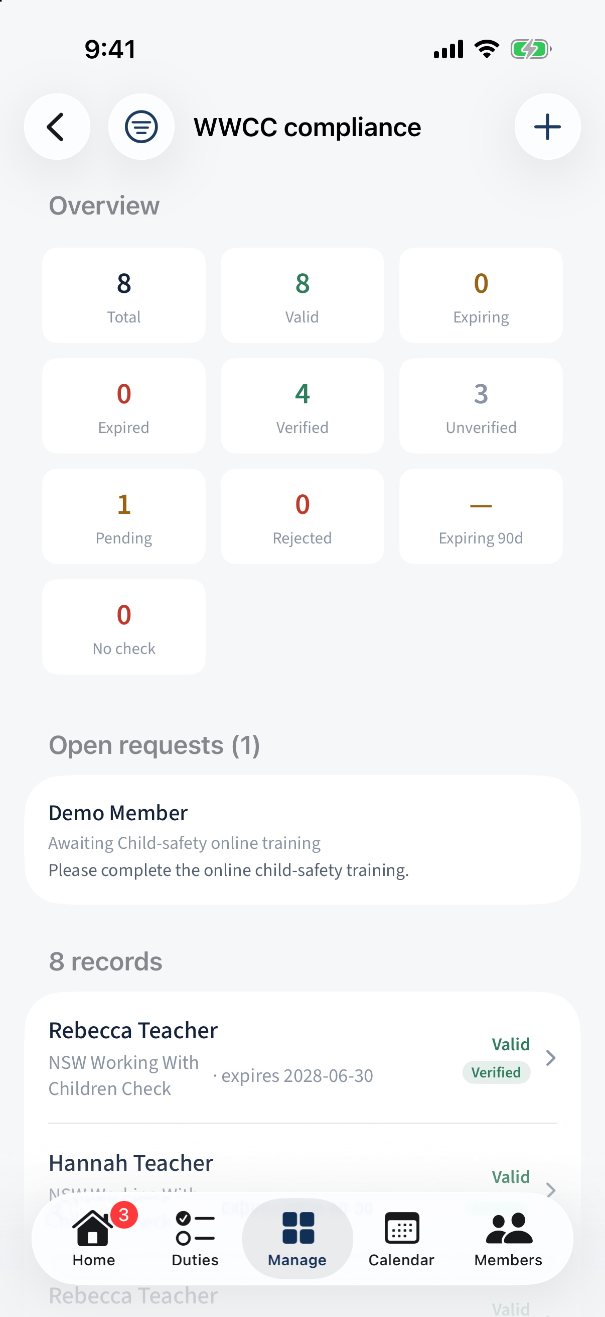 Manage → WWCC compliance: Overview tiles (valid / expiring / expired / unverified), filters and the records list.