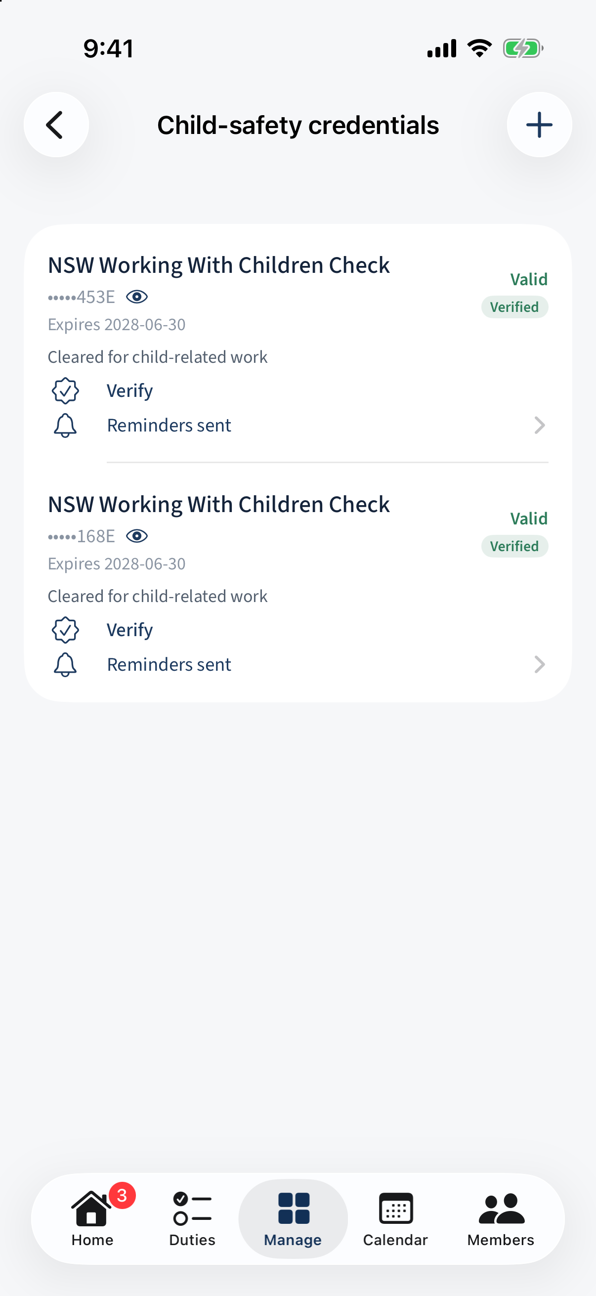 A person's Child-safety credentials: verify, reveal the number, or request details.