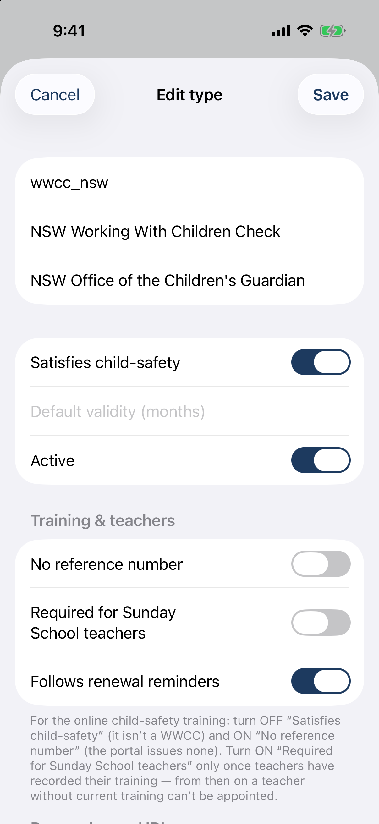 The credential-type editor: Satisfies child-safety, Active, No reference number (training), Required for Sunday School teachers.