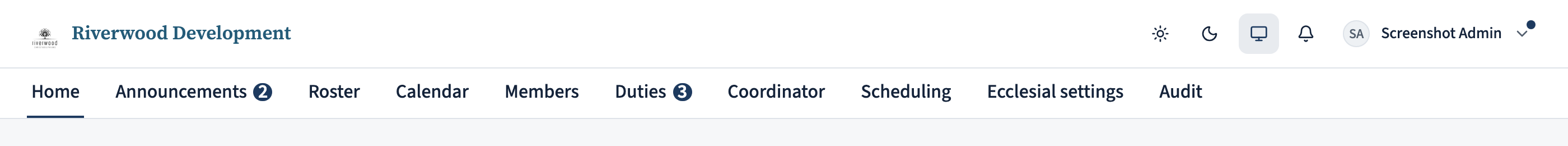 The top navigation showing the tabs Home, Announcements, Resources, Calendar, Members, Duties, Published roster, Sunday School, Quizzes, and Manage (with a small numeric badge showing 3).