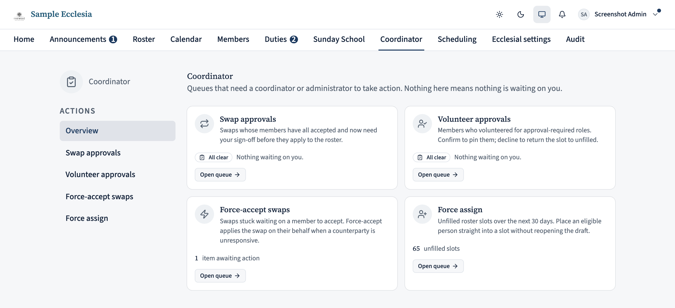 The Coordinator Overview page. A grid of four cards: Swap approvals, Volunteer approvals, Force-accept swaps, and Force assign. Each card shows a count (or an All clear badge when the queue is empty) and an Open queue button linking to the relevant page.