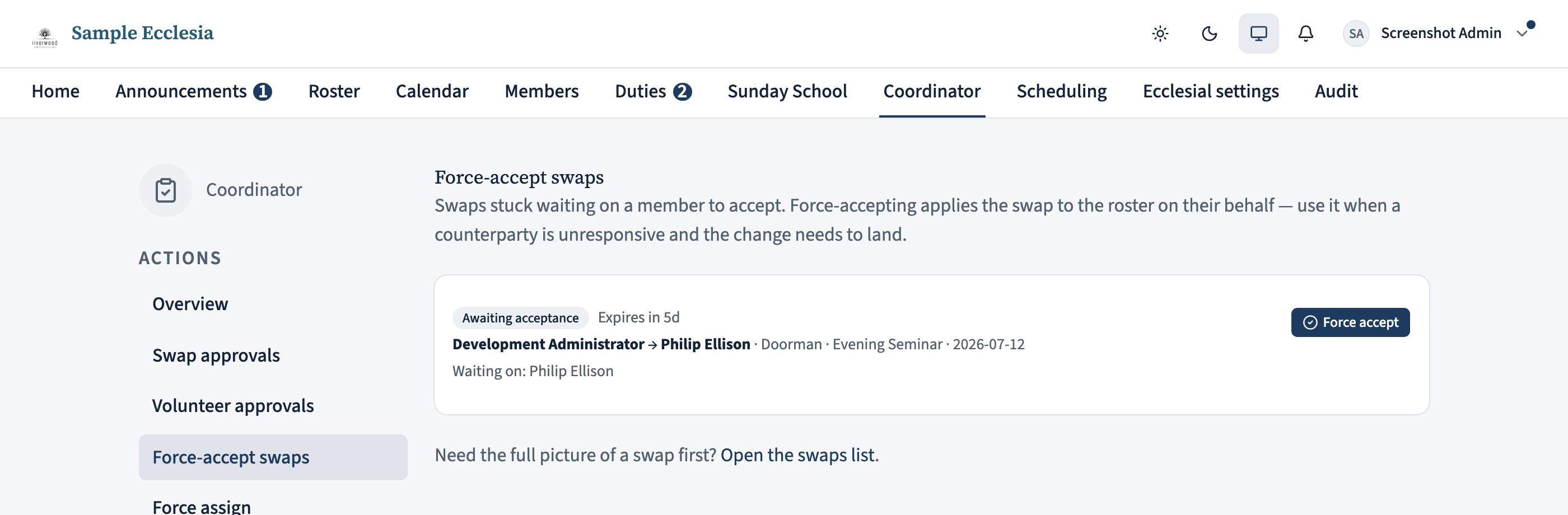 The Force-accept swaps queue. Each row shows a swap awaiting acceptance: an 'Awaiting acceptance' badge, an expiry time, the swap legs (person to person, with role and occurrence), a 'Waiting on:' line naming who hasn't accepted, and a Force accept button on the right.