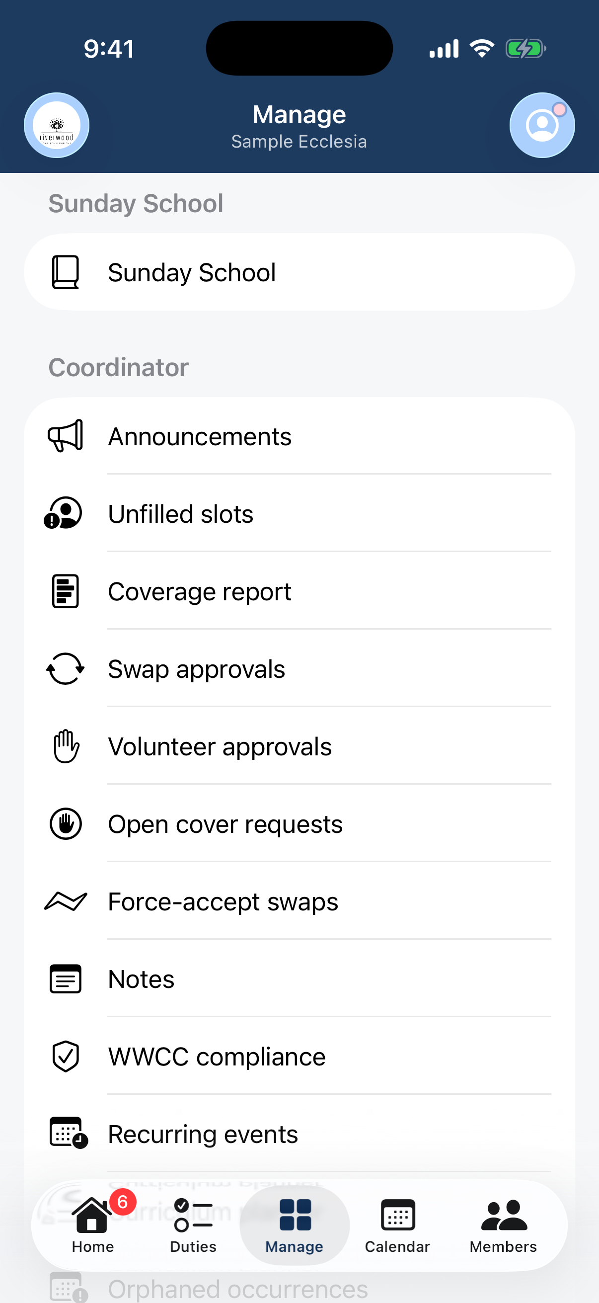 The Manage tab: a scrolling hub grouped Sunday School, Coordinator, Rostering.