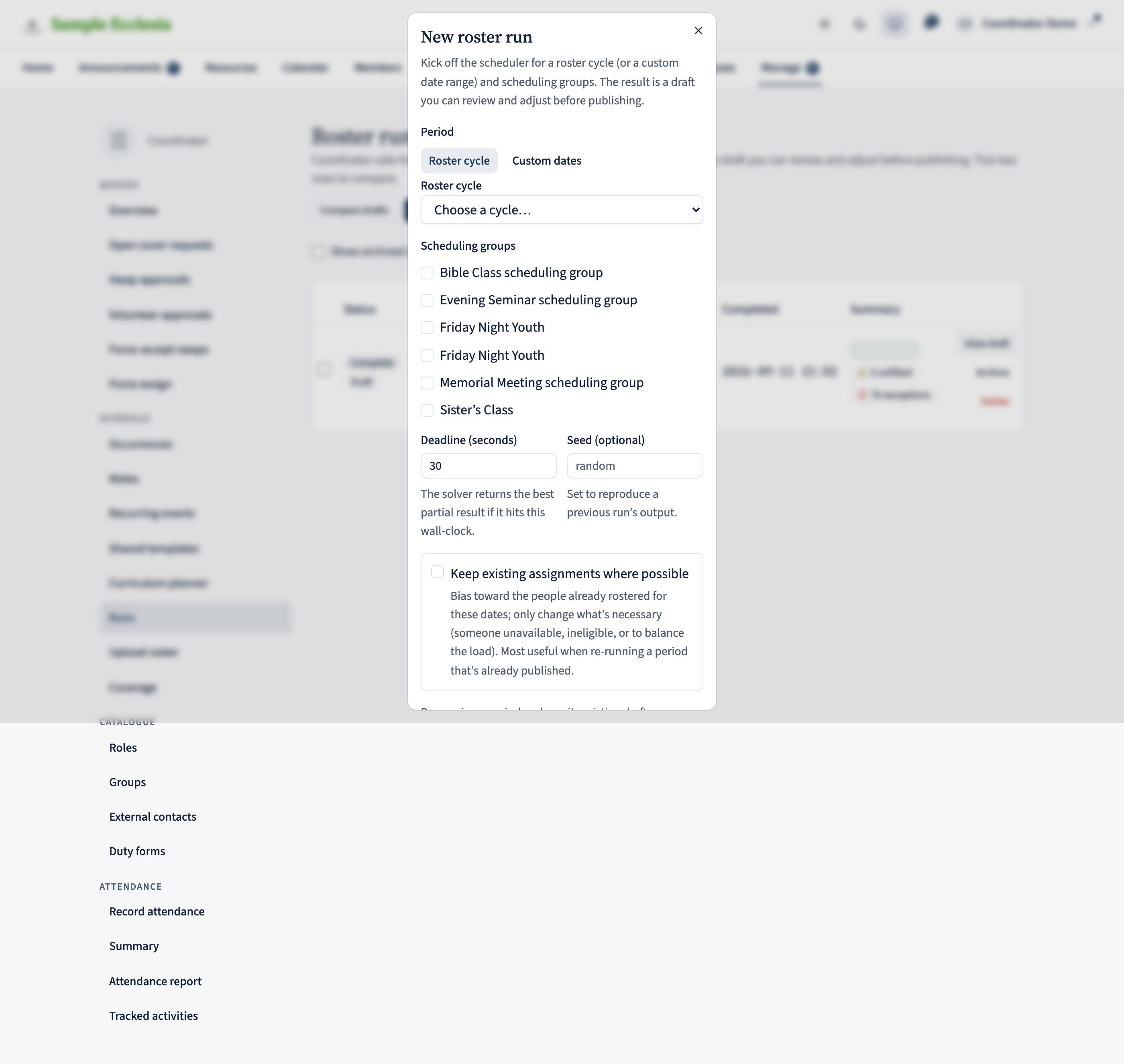 The New roster run dialog with the Period set to Roster cycle, a cycle picker showing 'Annual · 2026-01-01 → 2027-01-01' selected, the scheduling groups picker with three of four groups ticked (Bible Class, Evening Seminar, Friday Night Youth), and a deadline of 30 seconds.