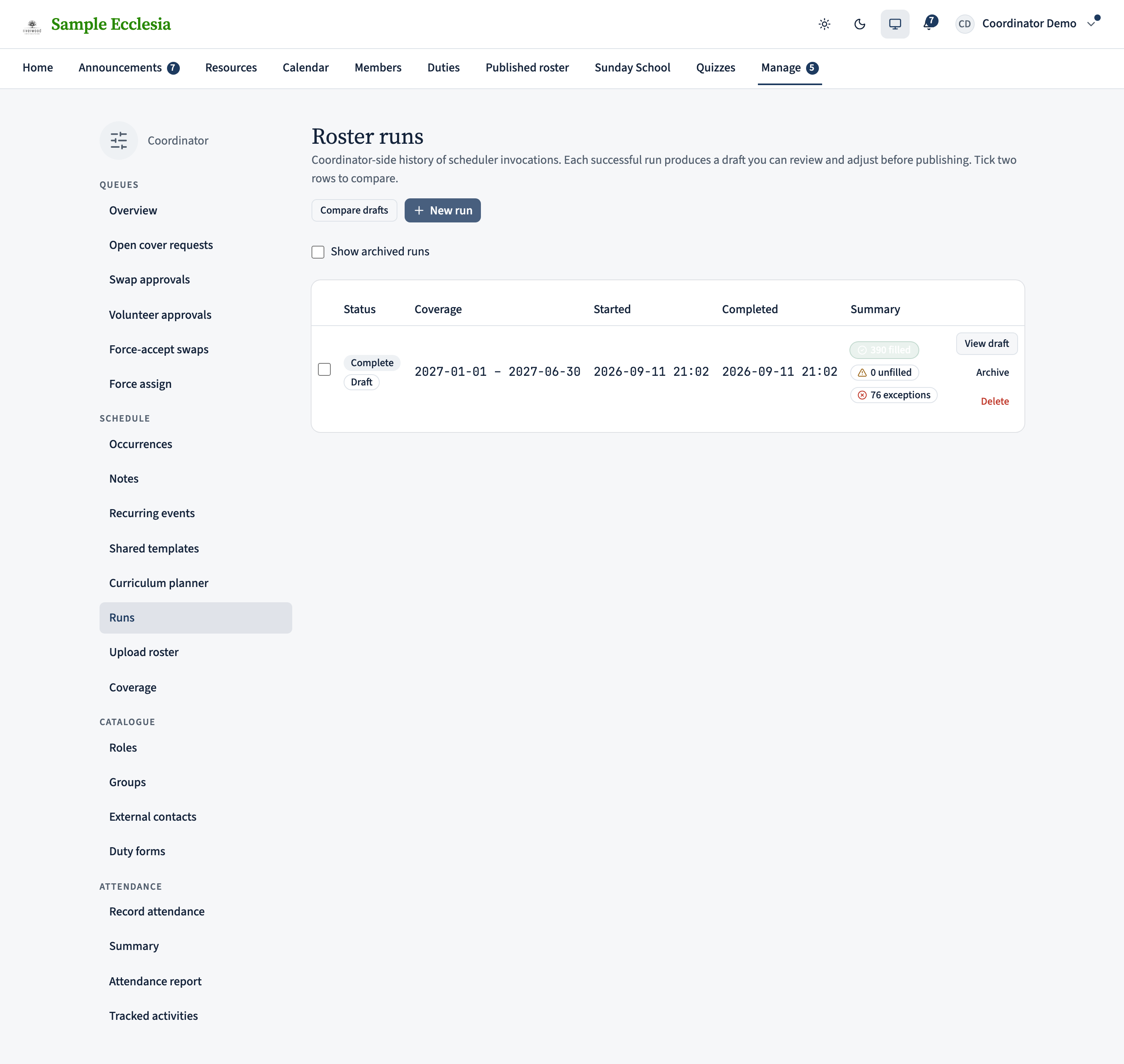 The Roster runs page showing a table of recent runs with status pills. The most recent row is marked 'Complete' with a 'View draft' button.