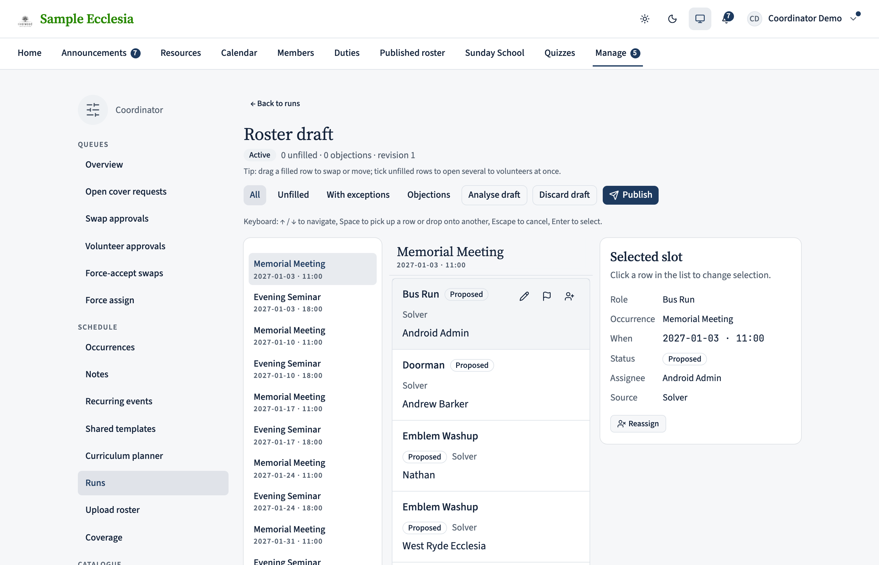 The Roster draft review page with three panes: a compact occurrence list on the left, a flat list of every assignment in the middle grouped under occurrence headers, and a Selected slot detail card on the right.