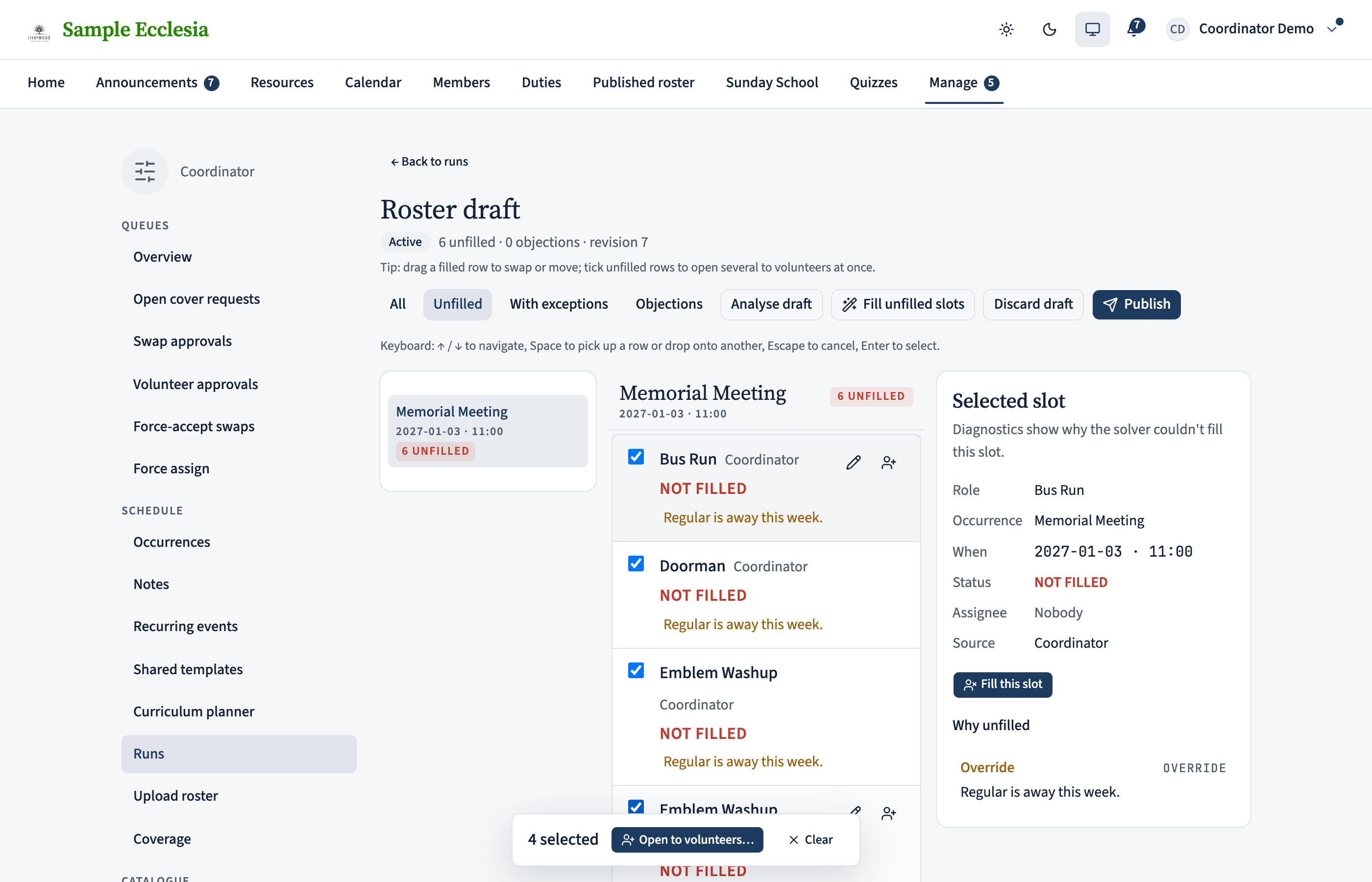Several unfilled rows selected via checkboxes on the left; a floating action bar at the bottom of the viewport shows '4 selected' with an Open to volunteers button and a Clear button.