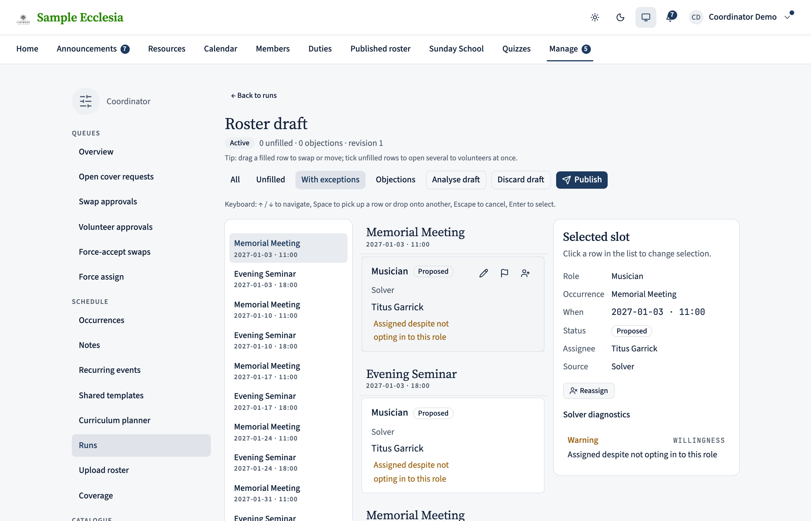 The draft filtered to 'With exceptions': a Musician slot the solver filled with a warning, and the Selected slot pane on the right showing its Solver diagnostics — a Warning tagged Willingness reading 'Assigned despite not opting in to this role' — above the Reassign button.