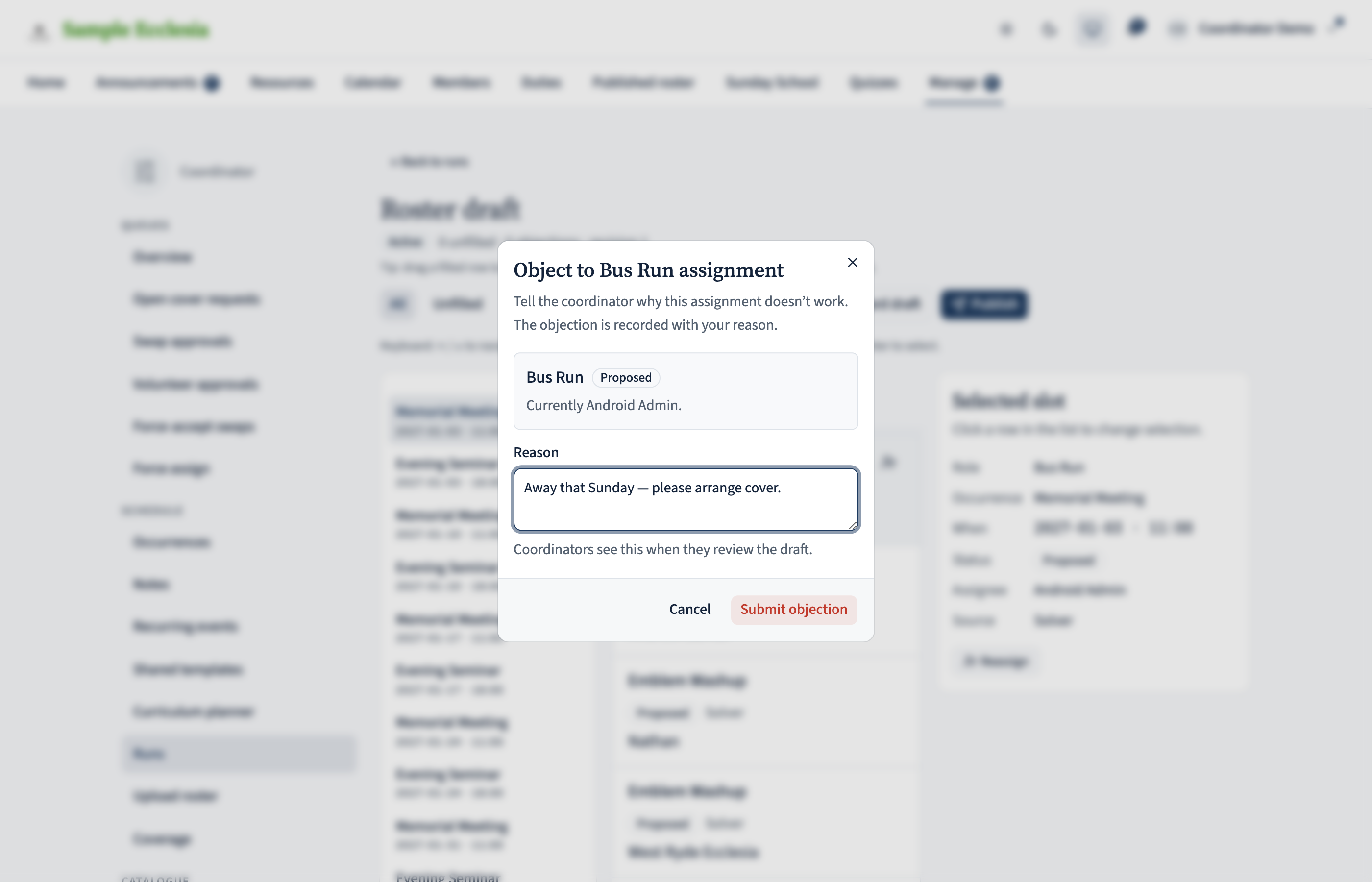 An Objection dialog open against a filled assignment, with a reason textarea and a Submit objection button. The row underneath the dialog shows a red flag icon that toggled the objection state.