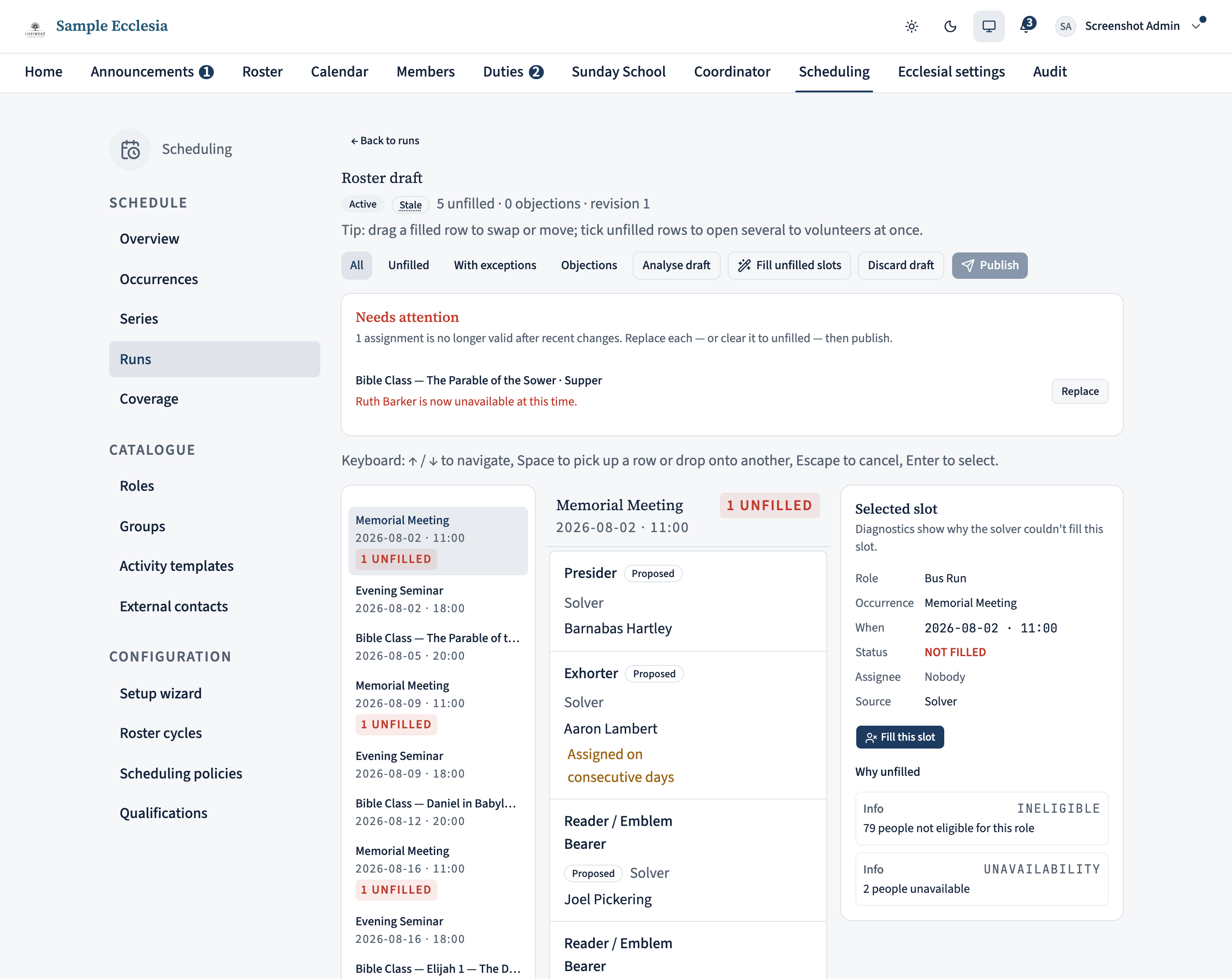 A draft header showing a Stale badge and an 'Analyse draft' button, with a red-tinted 'Needs attention' card below listing an invalid assignment: the occurrence and role, the message 'Alex Walker is now unavailable at this time.', and a Replace button.