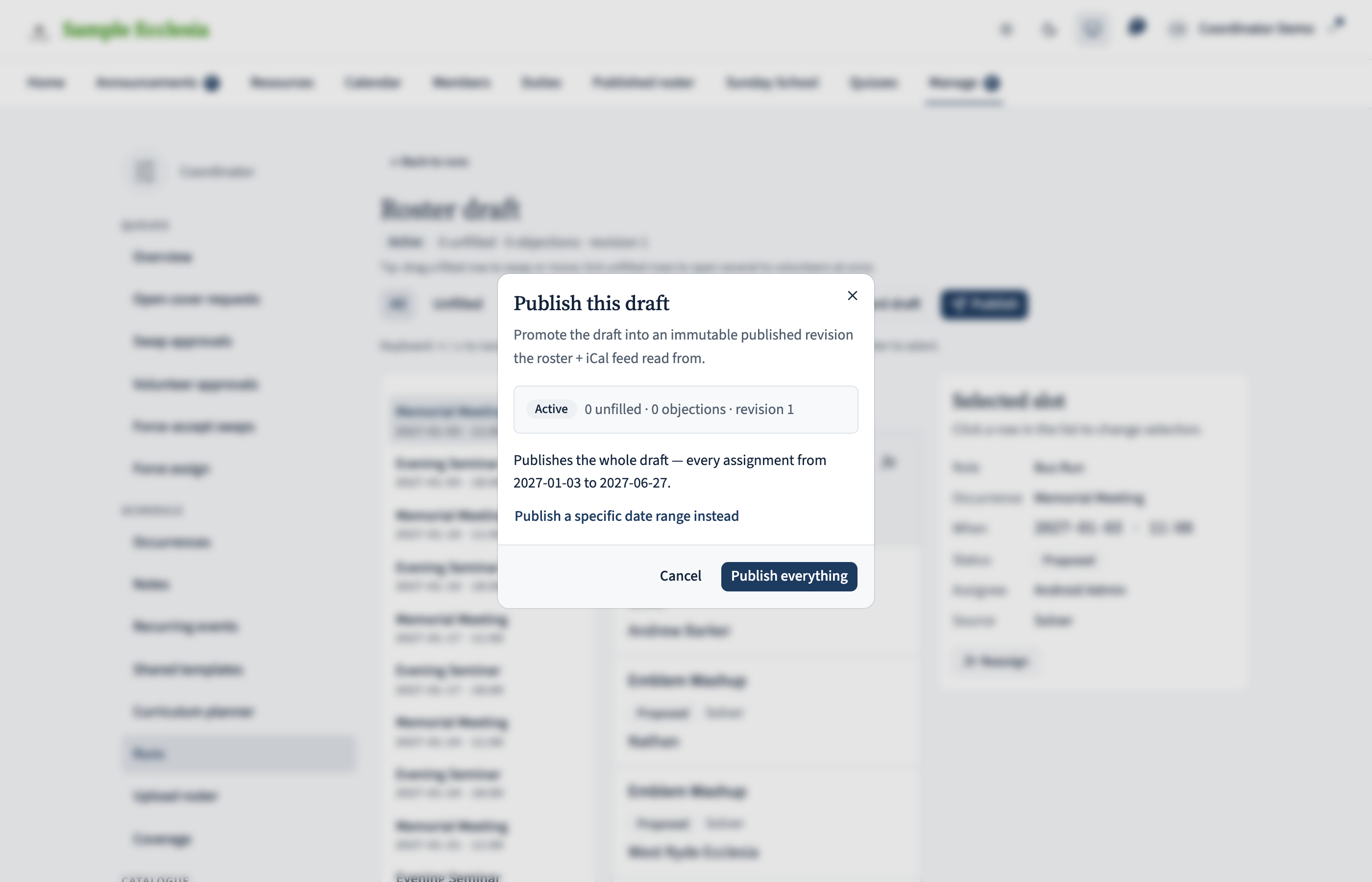 The Publish draft dialog showing a summary (24 filled, 3 unfilled, 1 objection), a checkbox to acknowledge the outstanding objection, and Publish + Cancel buttons.