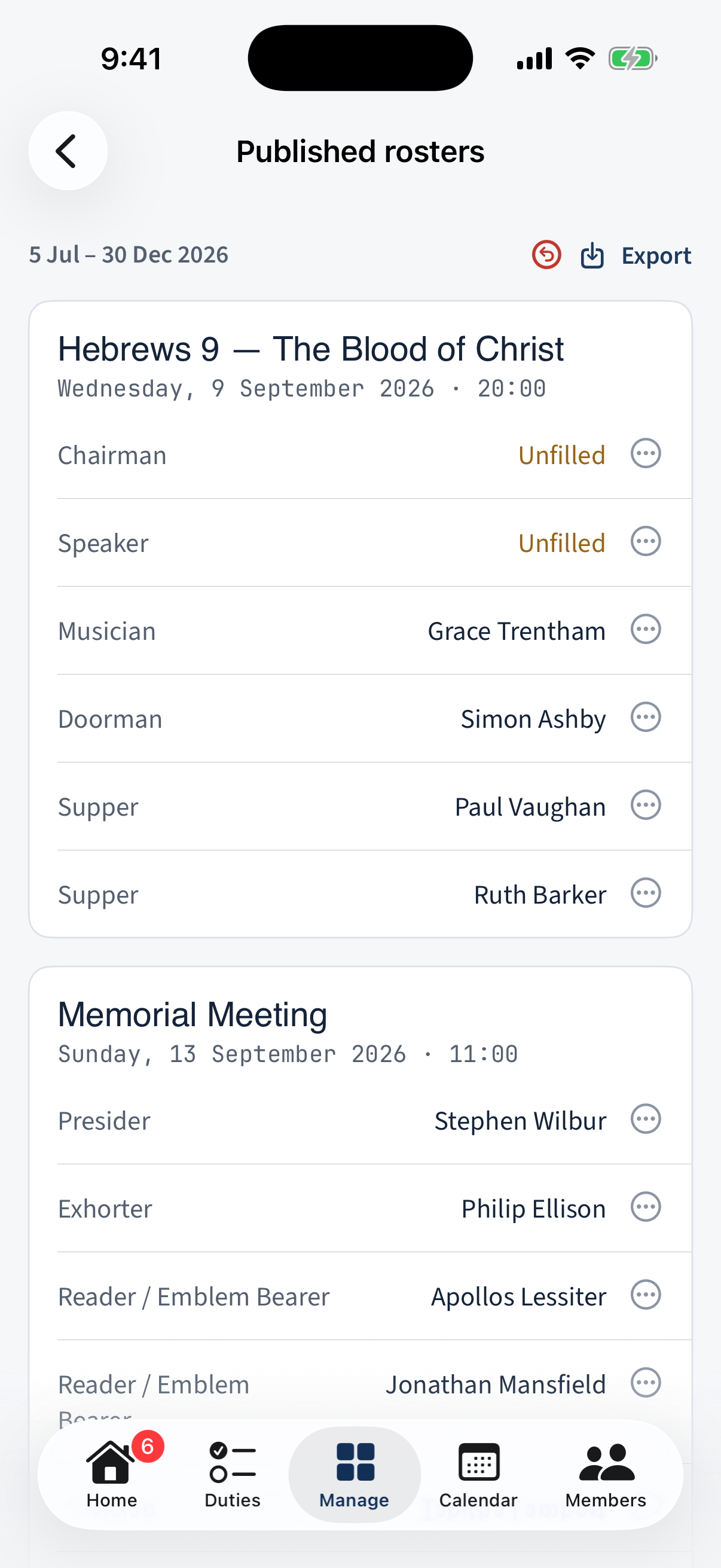 Manage → Rostering → Published rosters: the live roster occurrence by occurrence, each role showing its assignee or Unfilled.