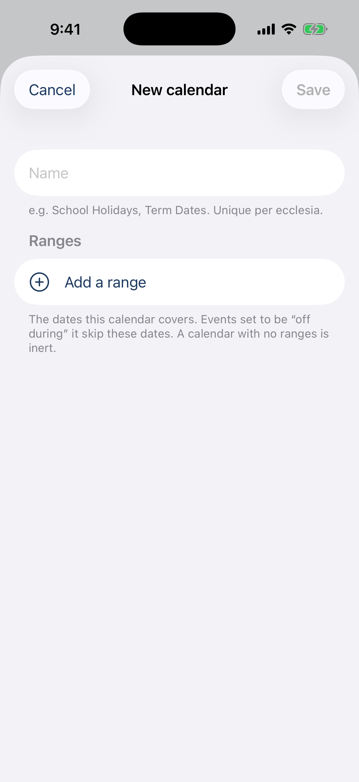 The calendar editor: a name field and a Ranges section with Add a range.