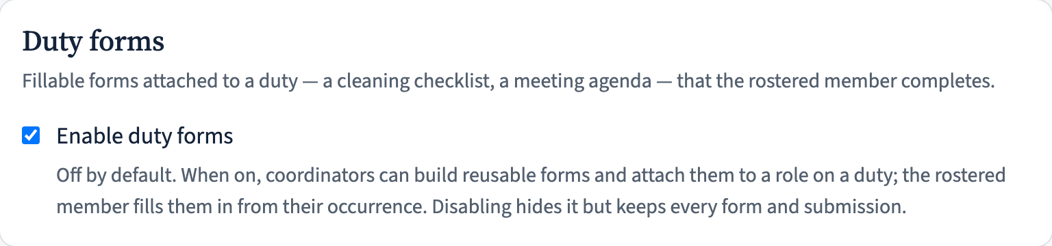 The Duty forms card on the tenant settings page with its enable checkbox.