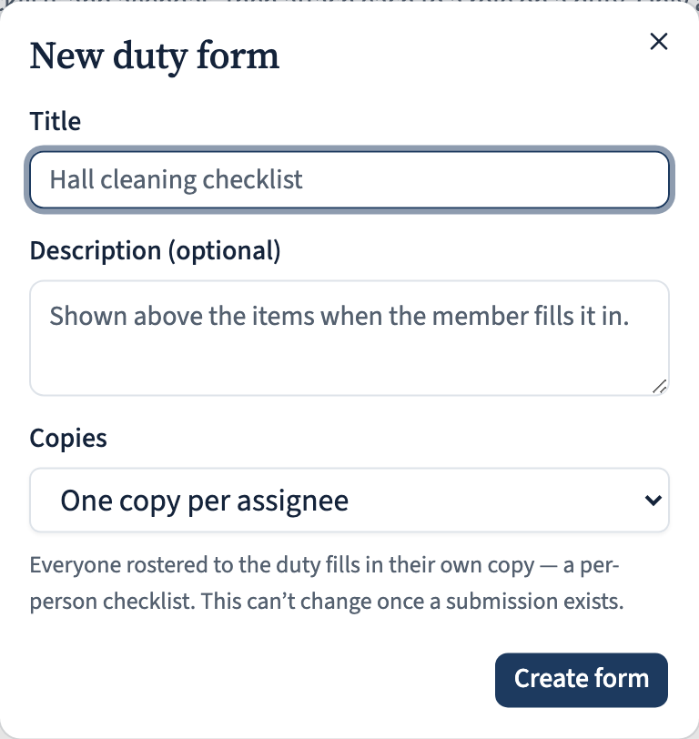 The New duty form dialog: title, description, and the copies choice between one per assignee, one shared per occurrence, and one shared per household.