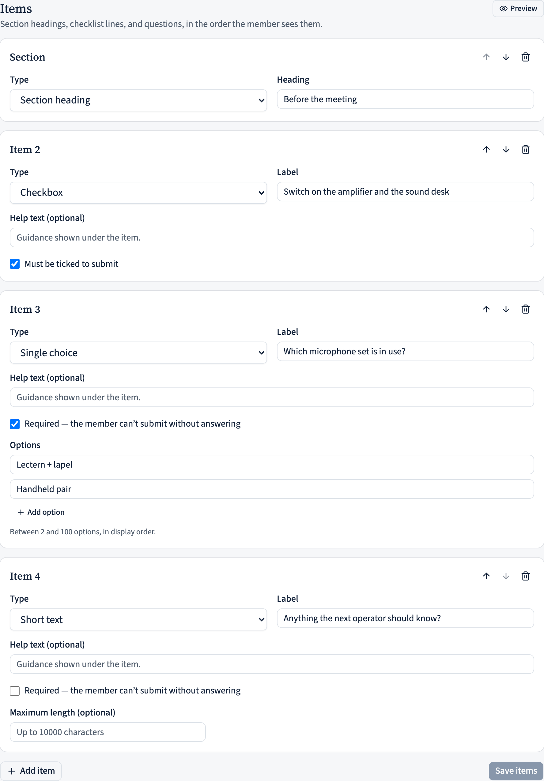 The item builder with a section heading, a required checkbox, a single-choice question, a person field, and a repeatable group.