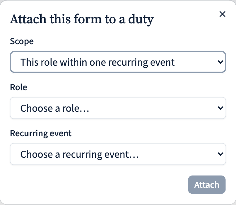 The attach dialog: a scope selector grouped into 'A duty' (role/recurring event/occurrence) and 'An audience' (Sunday School parents / people with a qualification).