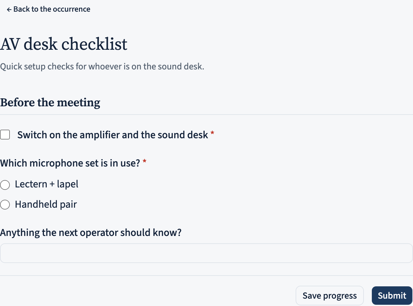 A member's fill page: the form title, a required checkbox, a text field, and Save progress / Submit buttons.