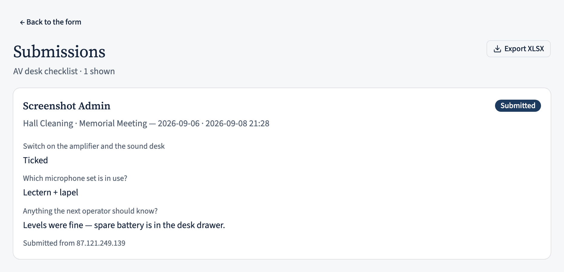 The submissions review page: one card per submission with the respondent, role, occurrence, answers, a Download PDF icon, a delete icon, and an Export XLSX button.