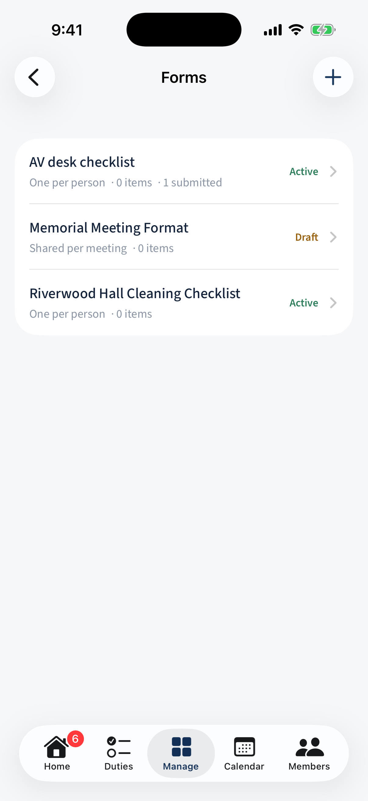 Manage → Forms: each form with its collect mode, item and submission counts, and Active/Draft status.