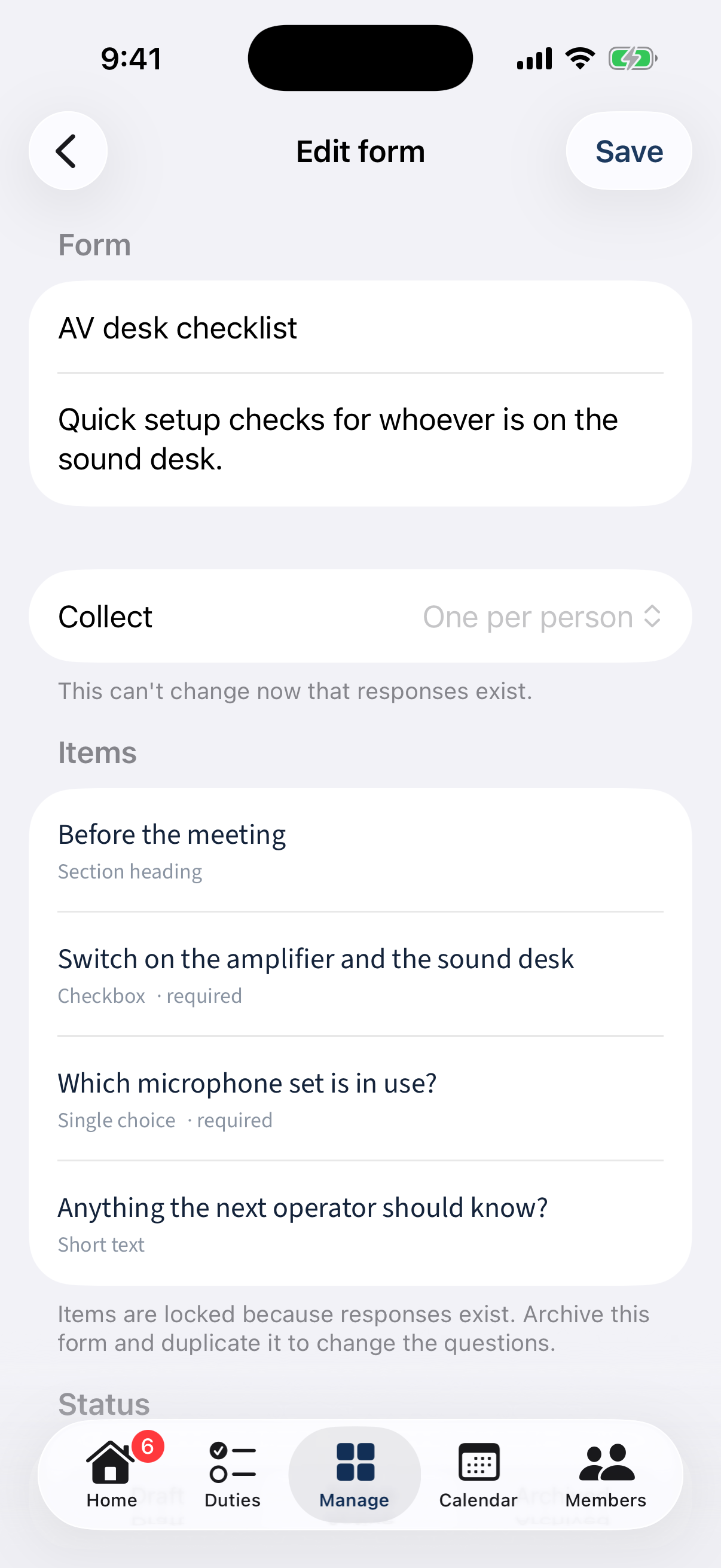 The form editor: name, description, Collect mode, and the item list.
