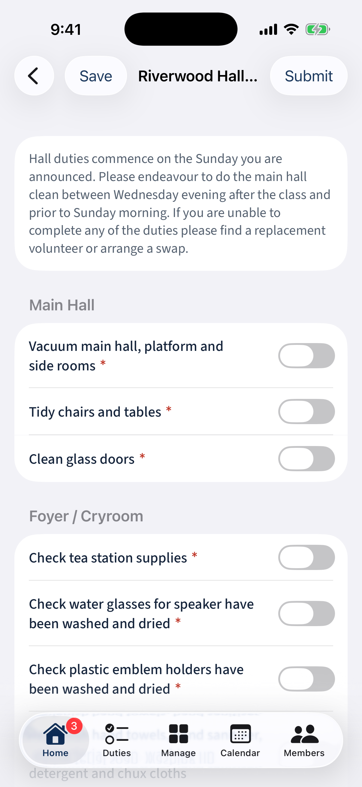 A member's form open: an intro blurb, grouped required toggles, and Save / Submit.
