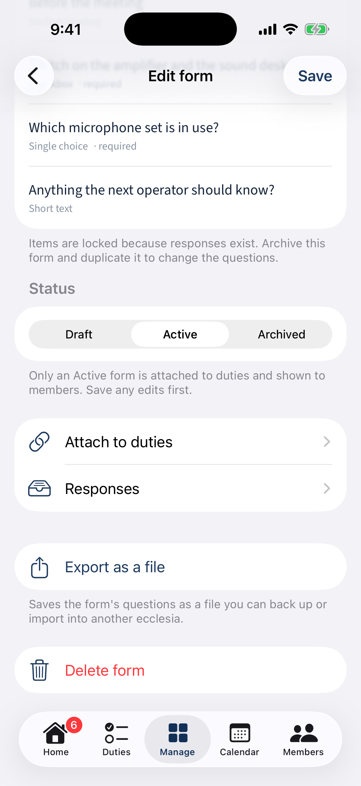 Below the items: Status, Attach, Responses, Summary, Export, public link, Delete.
