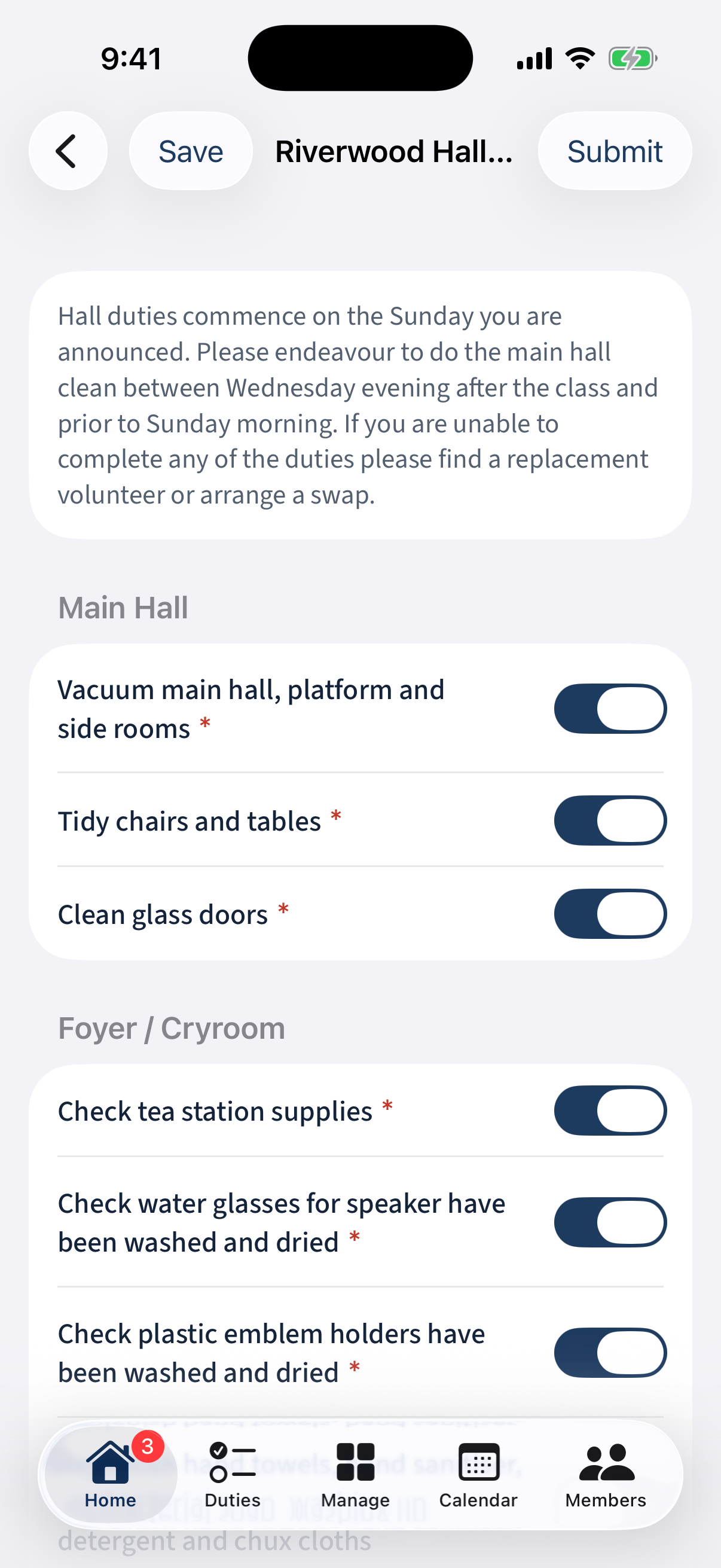 Ticking items: each requirement toggle turns solid when done.