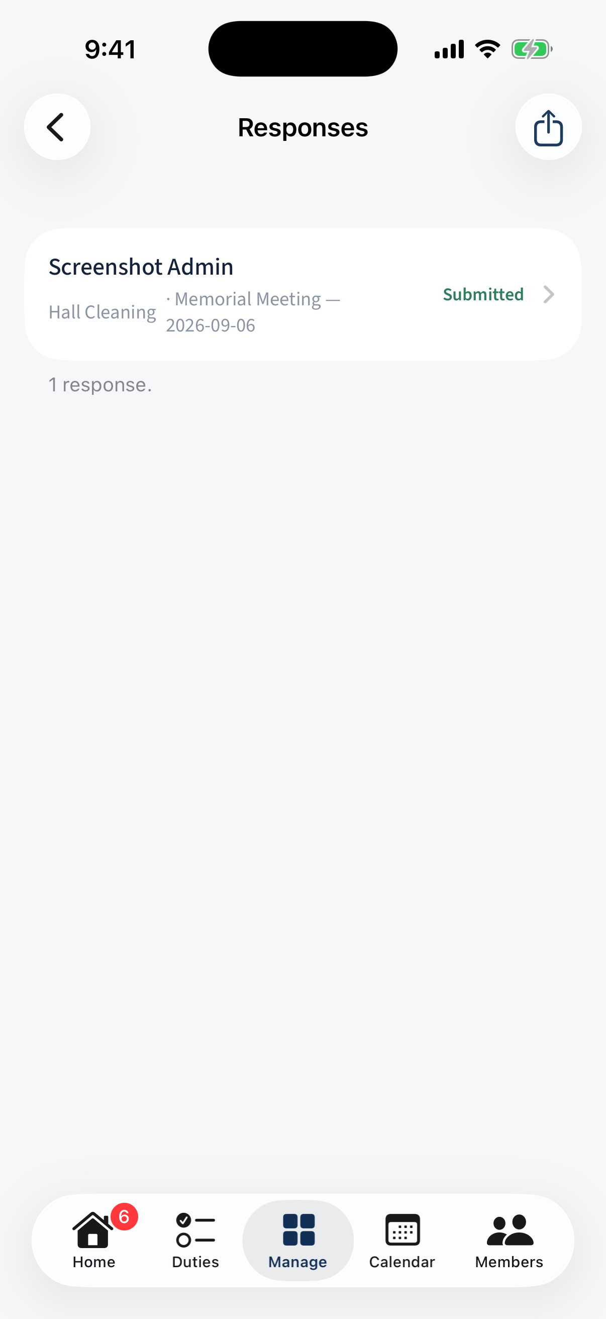 The submissions list: each response by person and occurrence with a Save-as-PDF / share icon.