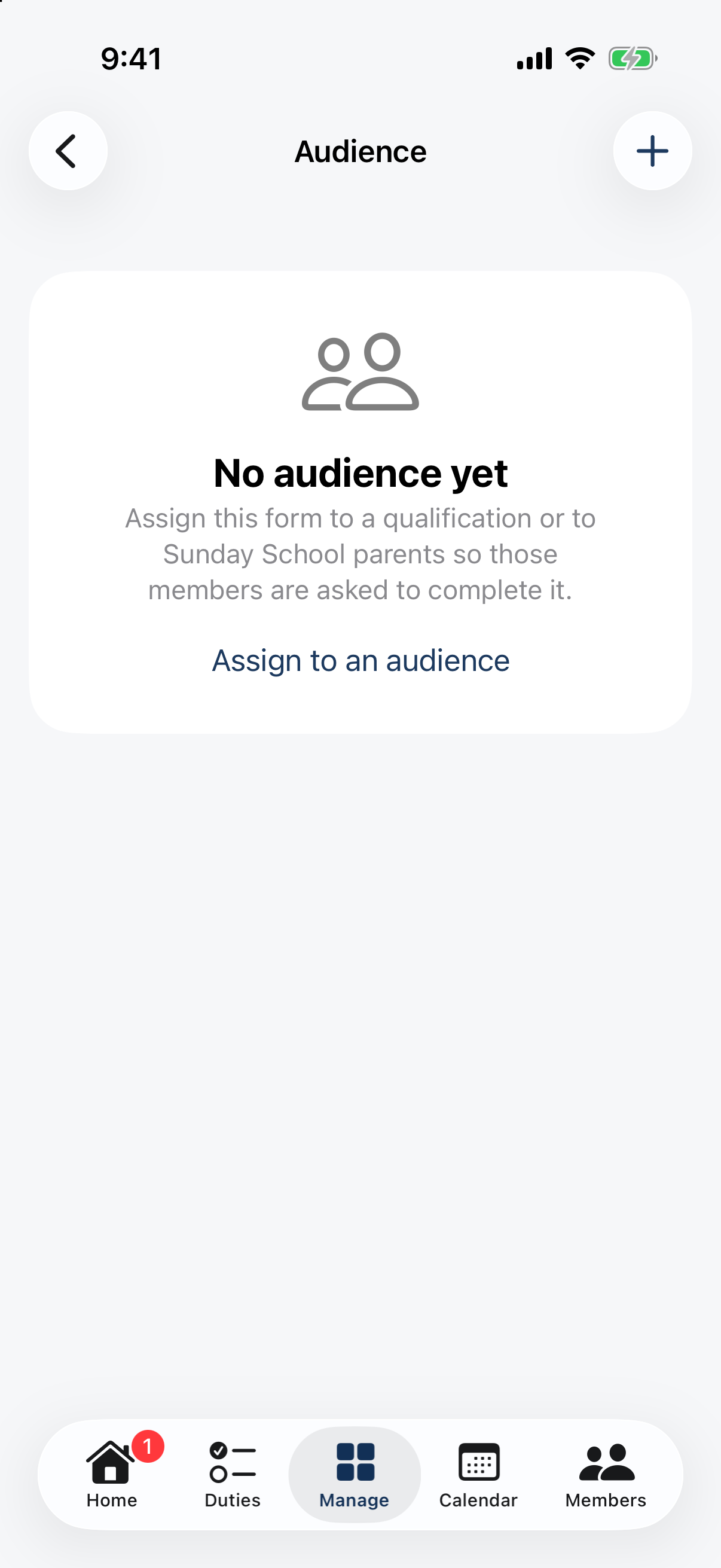 The form editor's Audience row: choose a qualification or Sunday School parents.