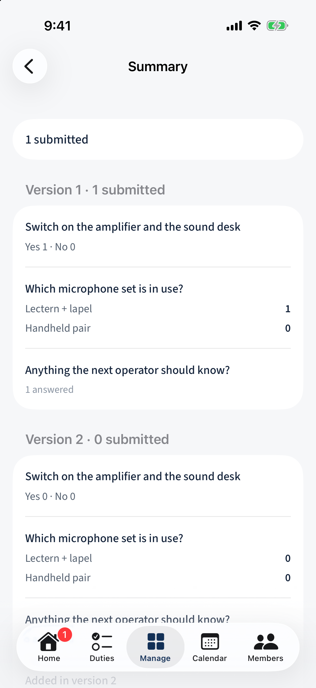 The Summary screen: per-question tallies, broken down by form version.